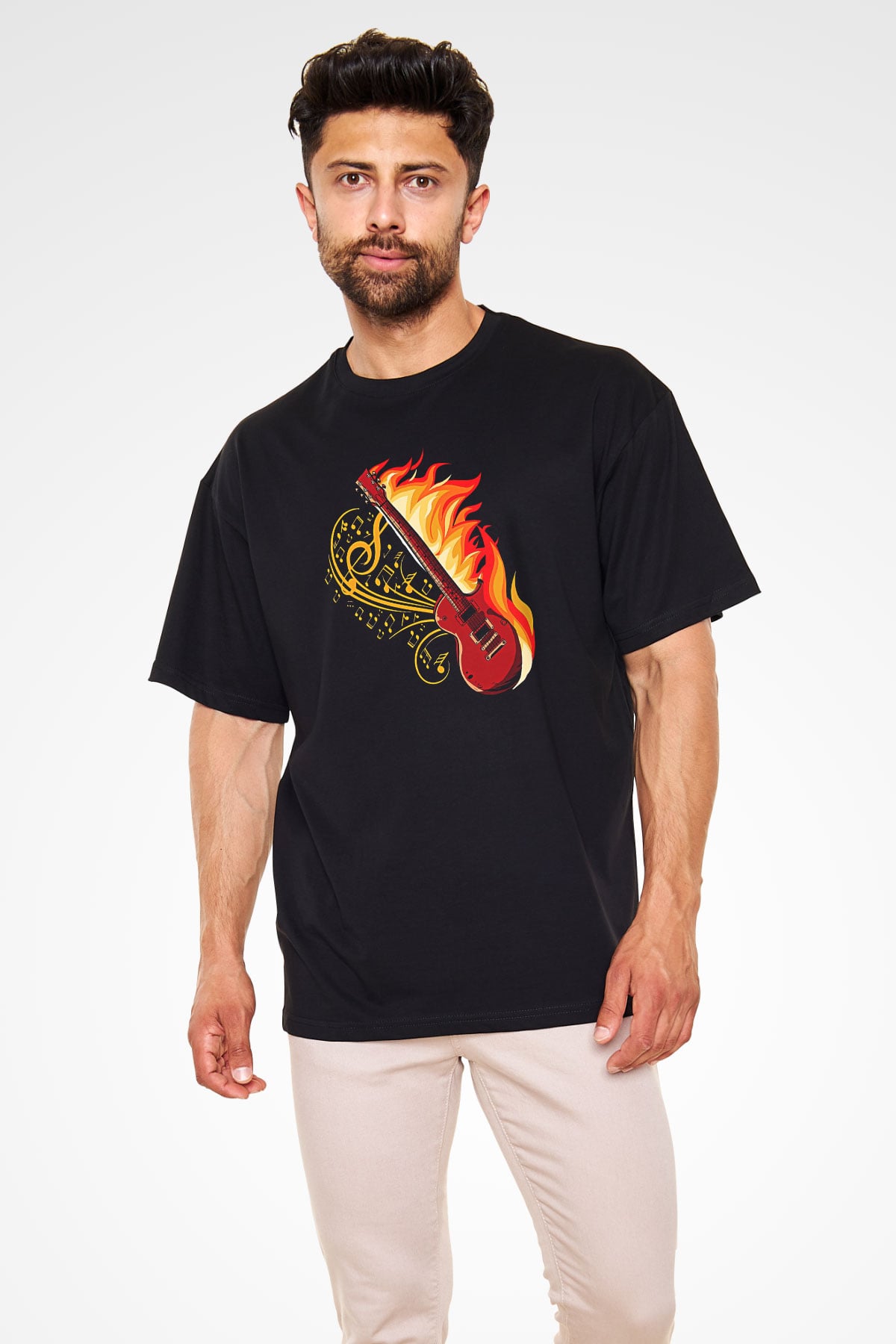 Elektro Gitar Baskılı Unisex Siyah Oversize Tişört - Tshirt