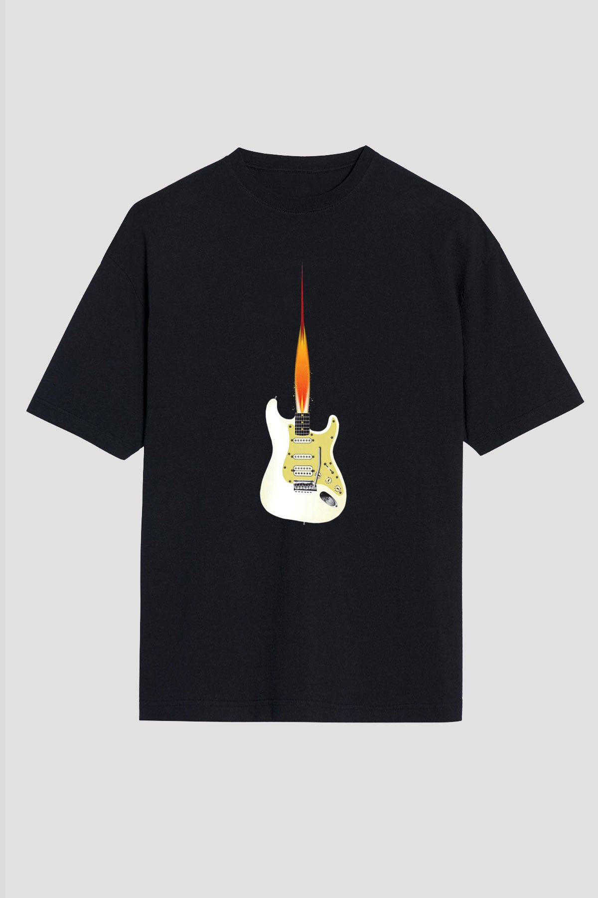 Elektro Gitar Baskılı Unisex Siyah Oversize Tişört - Tshirt