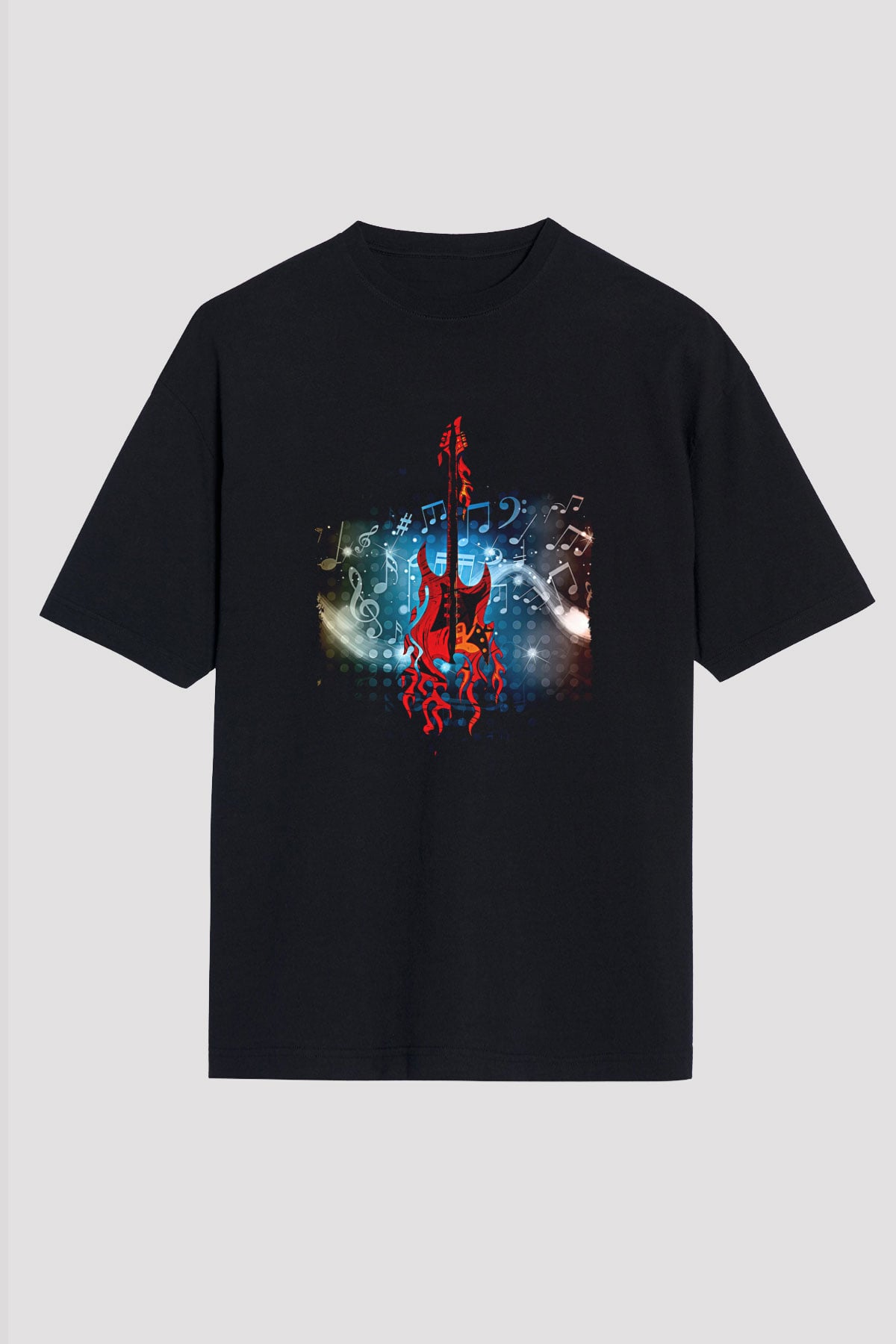 Elektro Gitar Baskılı Unisex Siyah Oversize Tişört - Tshirt