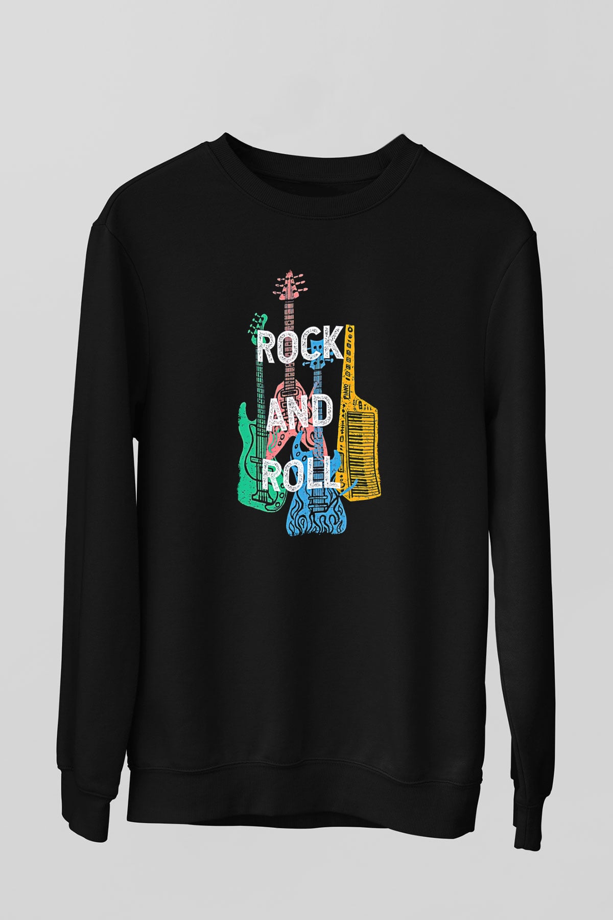 Elektro Gitar Baskılı Unisex Siyah Sweatshirt