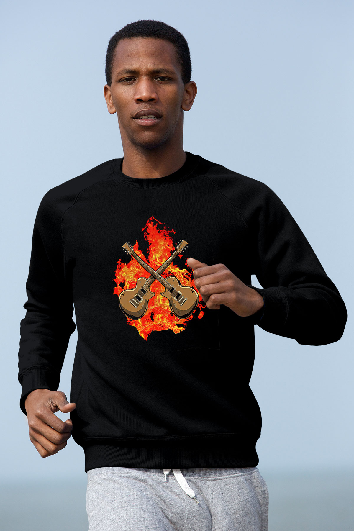 Elektro Gitar Baskılı Unisex Siyah Sweatshirt