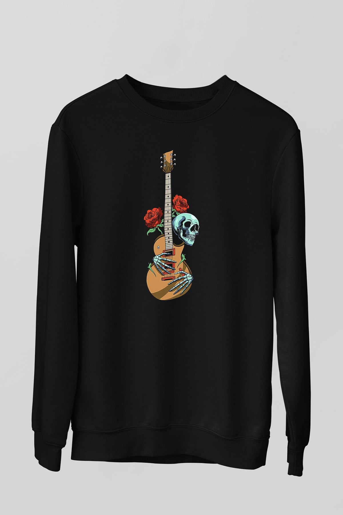 Elektro Gitar Baskılı Unisex Siyah Sweatshirt