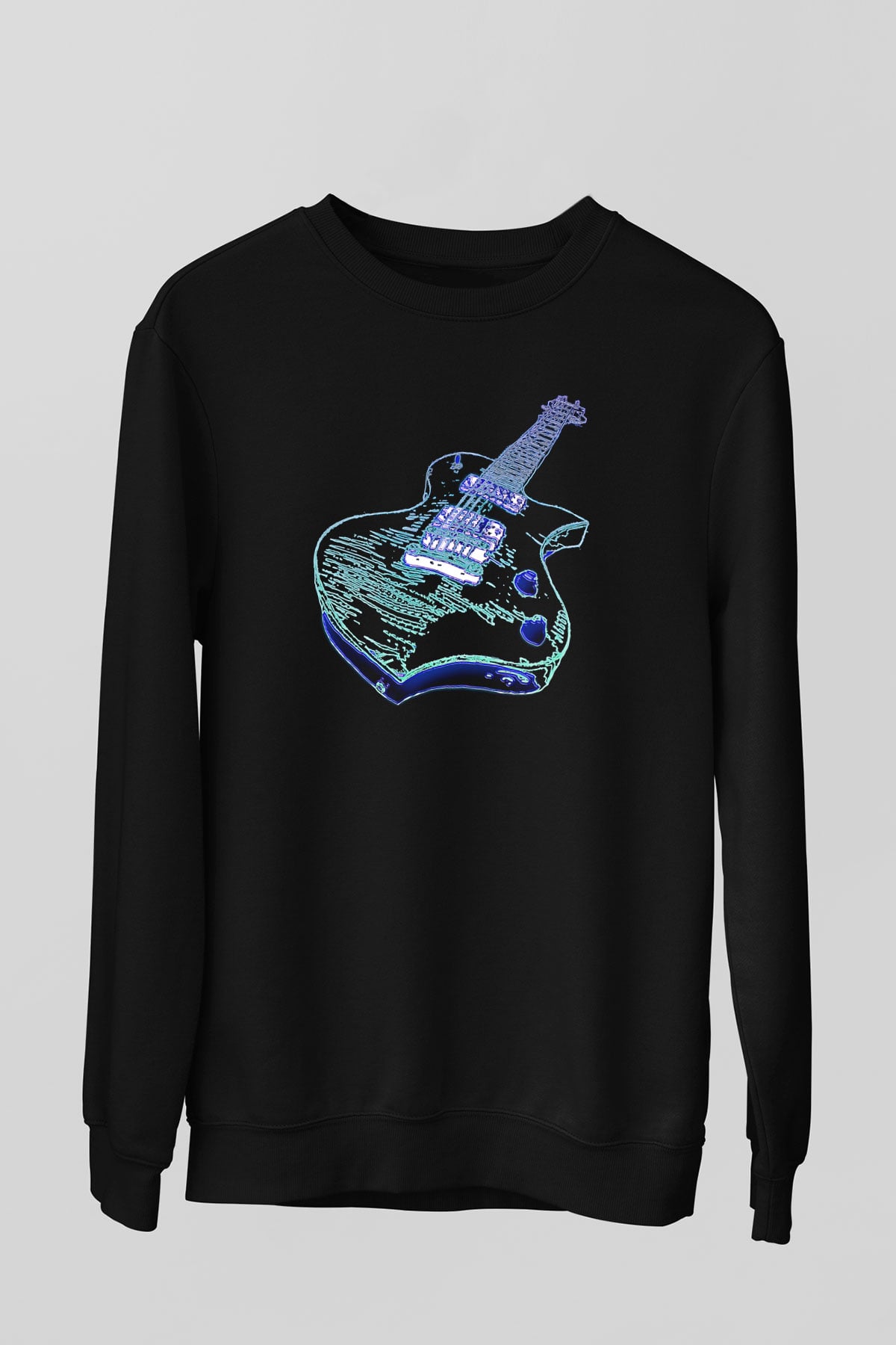 Elektro Gitar Baskılı Unisex Siyah Sweatshirt
