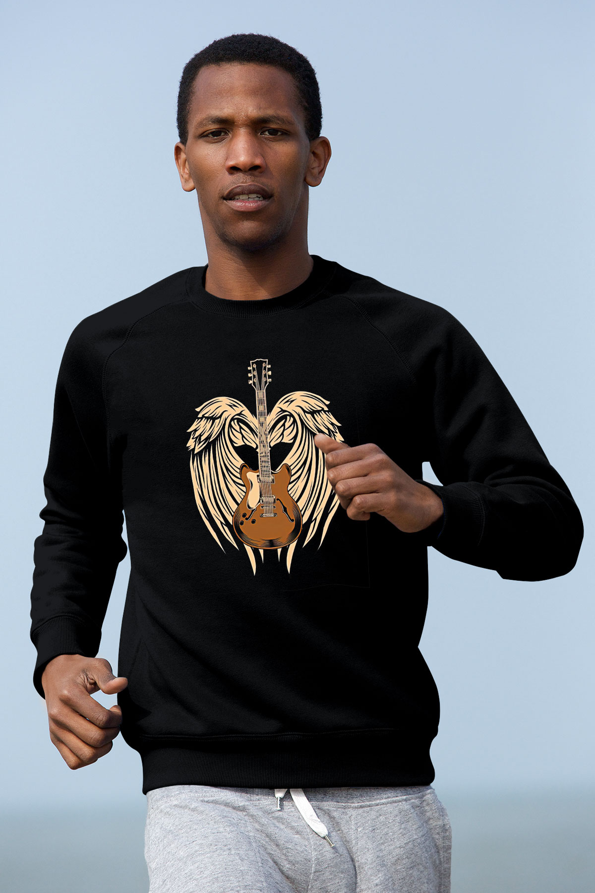 Elektro Gitar Baskılı Unisex Siyah Sweatshirt
