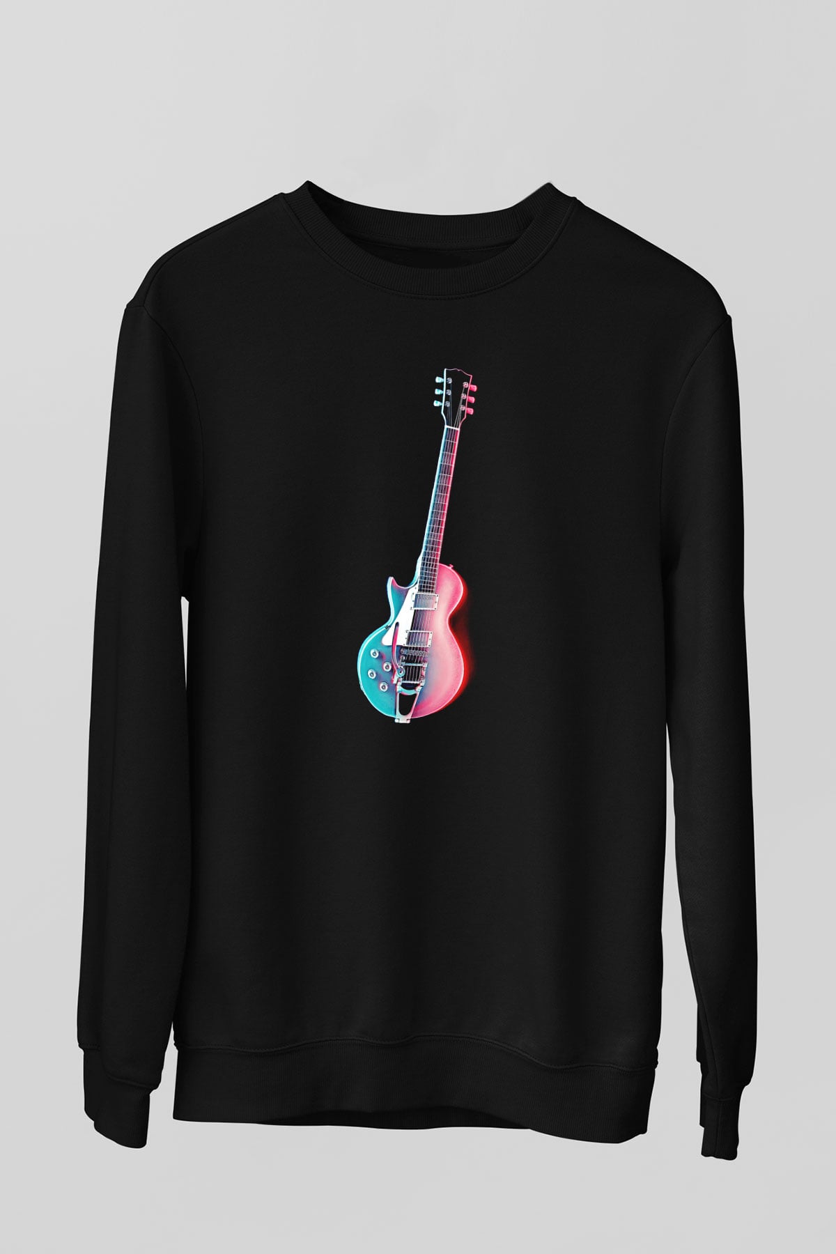 Elektro Gitar Baskılı Unisex Siyah Sweatshirt