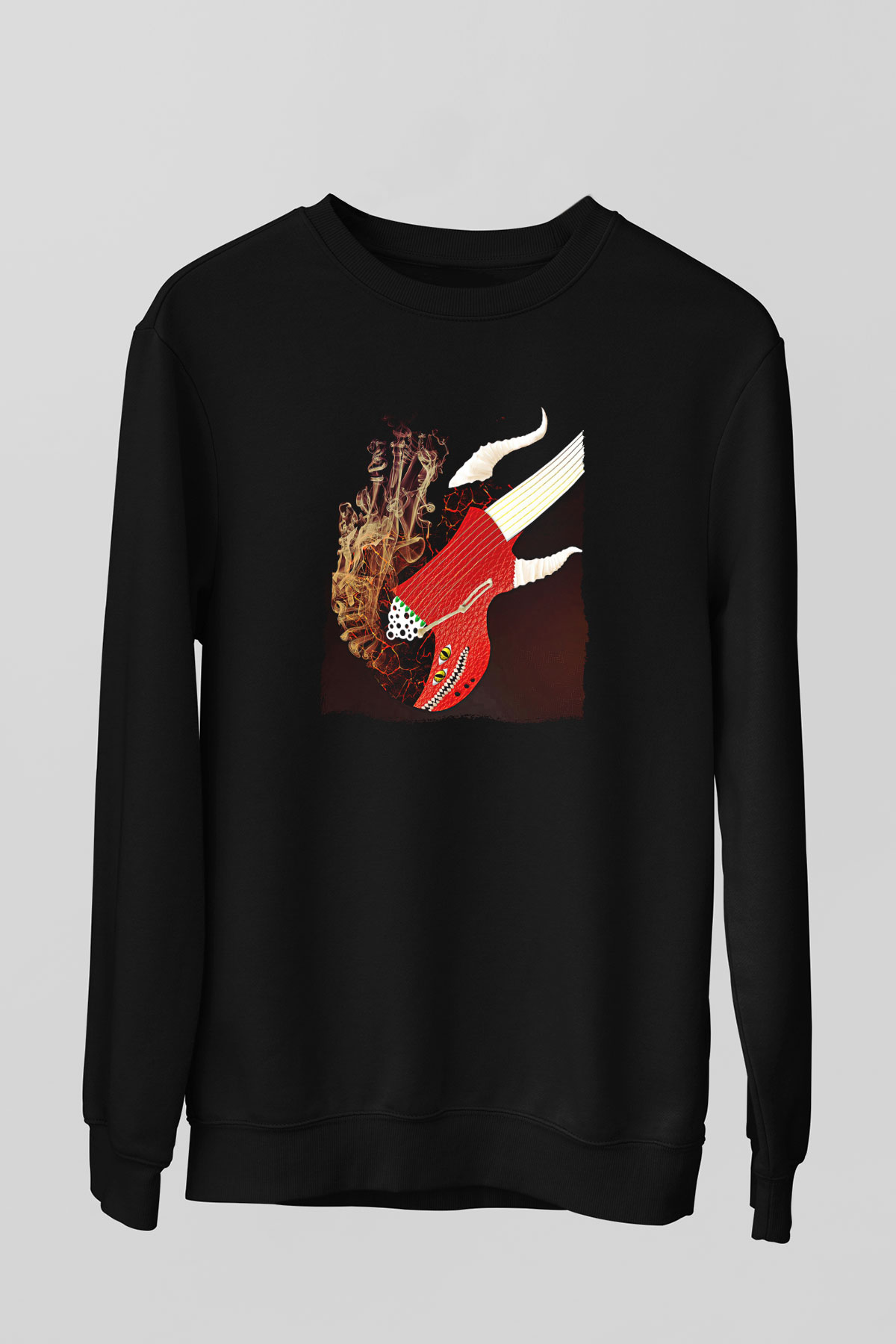 Elektro Gitar Baskılı Unisex Siyah Sweatshirt