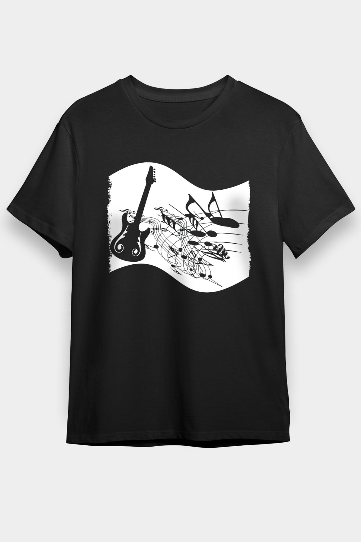 Elektro Gitar Baskılı Unisex Siyah Tişört - Tshirt