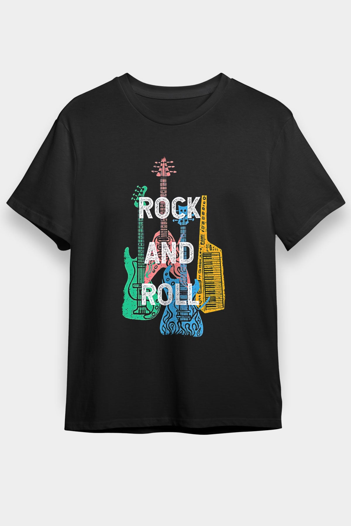 Elektro Gitar Baskılı Unisex Siyah Tişört - Tshirt