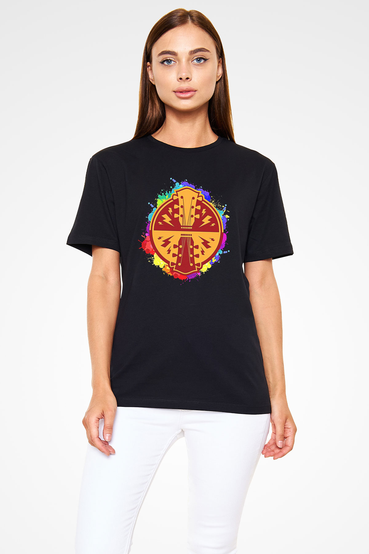 Elektro Gitar Baskılı Unisex Siyah Tişört - Tshirt