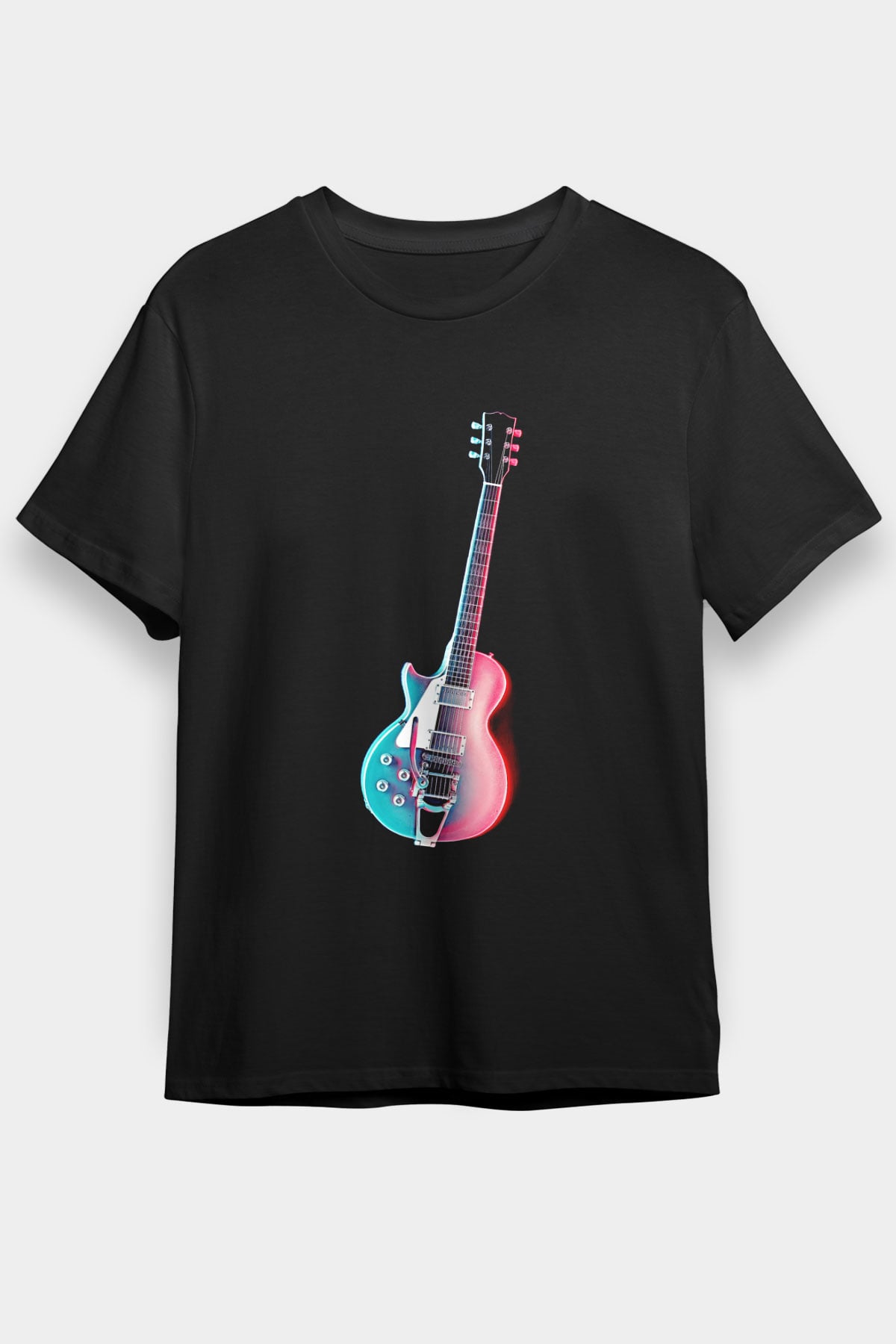 Elektro Gitar Baskılı Unisex Siyah Tişört - Tshirt