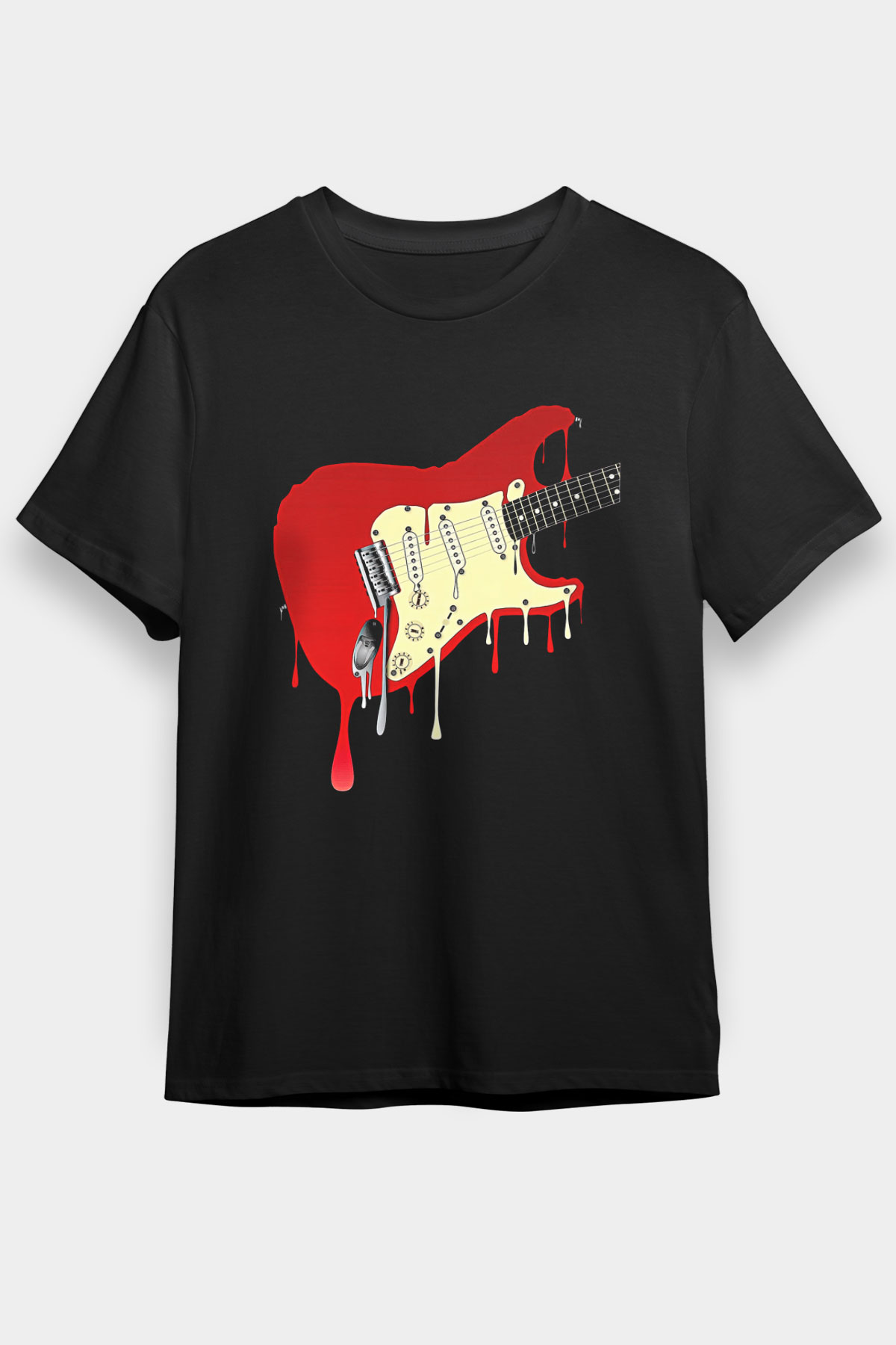 Elektro Gitar Baskılı Unisex Siyah Tişört - Tshirt