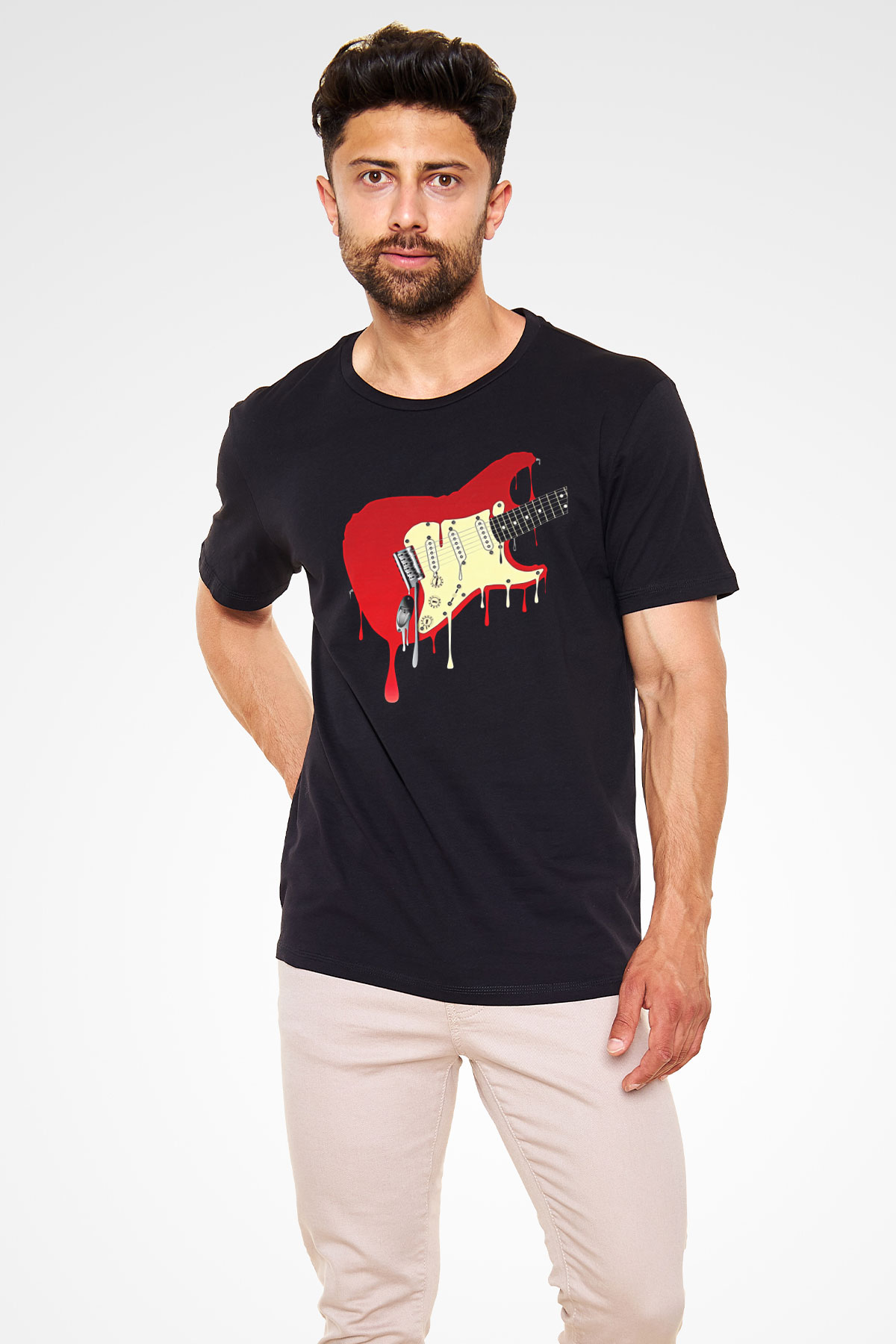 Elektro Gitar Baskılı Unisex Siyah Tişört - Tshirt