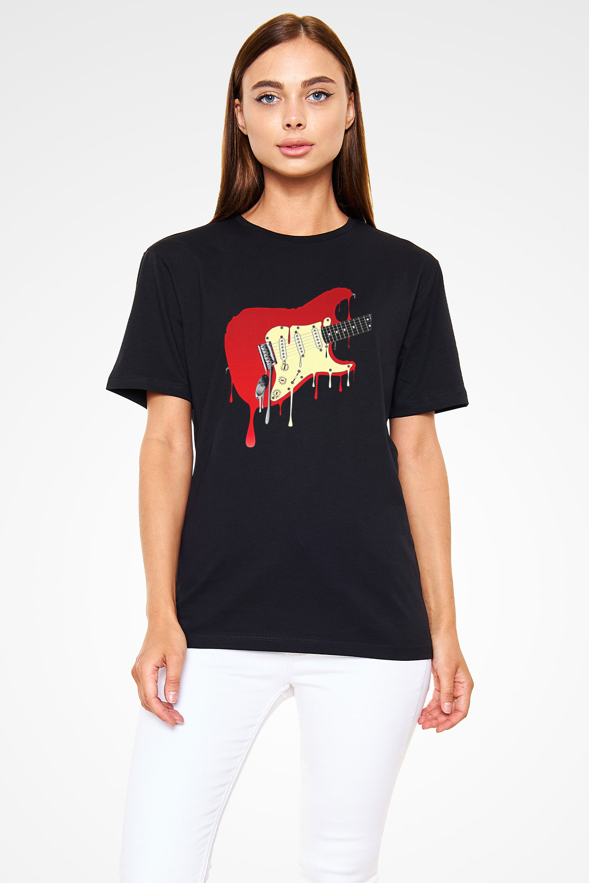 Elektro Gitar Baskılı Unisex Siyah Tişört - Tshirt