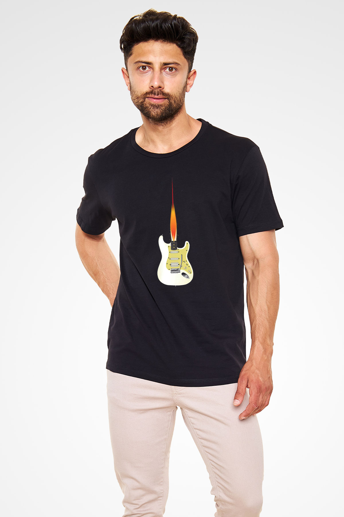 Elektro Gitar Baskılı Unisex Siyah Tişört - Tshirt