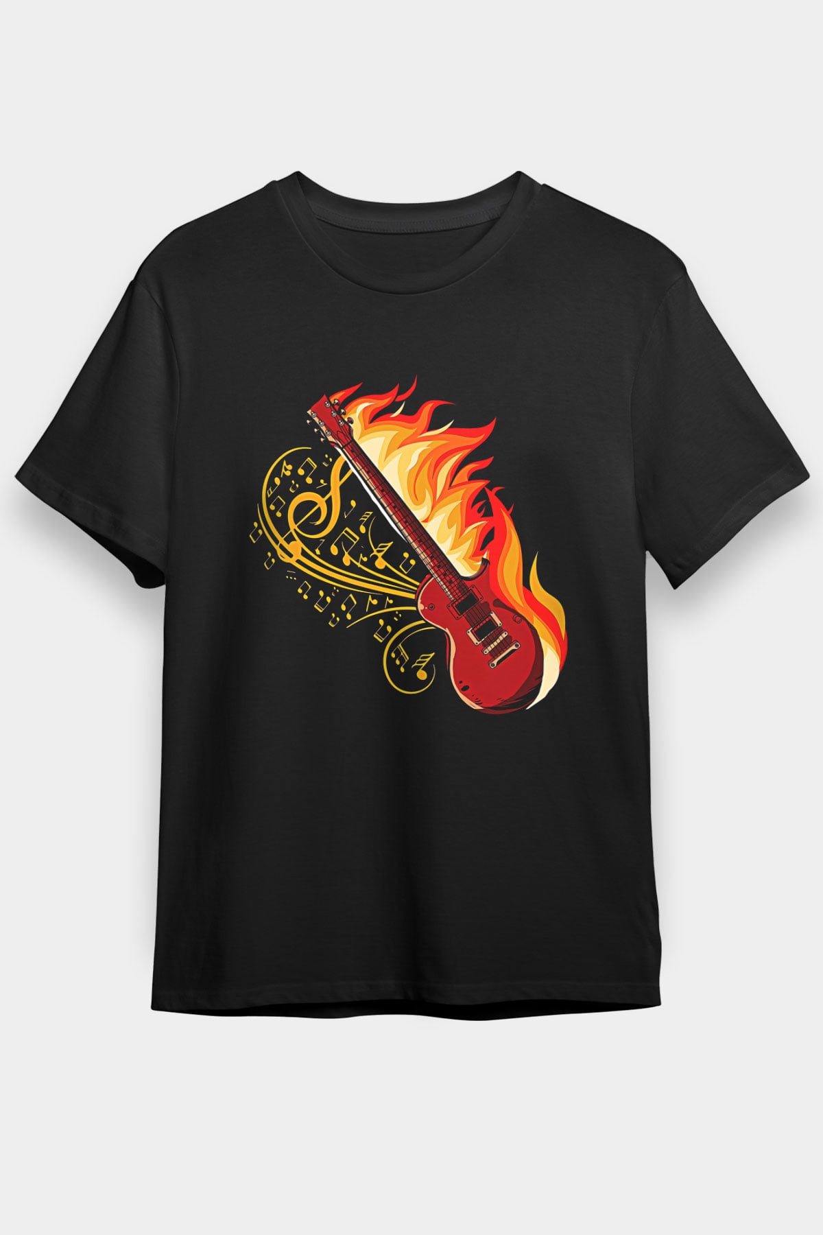 Elektro Gitar Baskılı Unisex Siyah Tişört - Tshirt