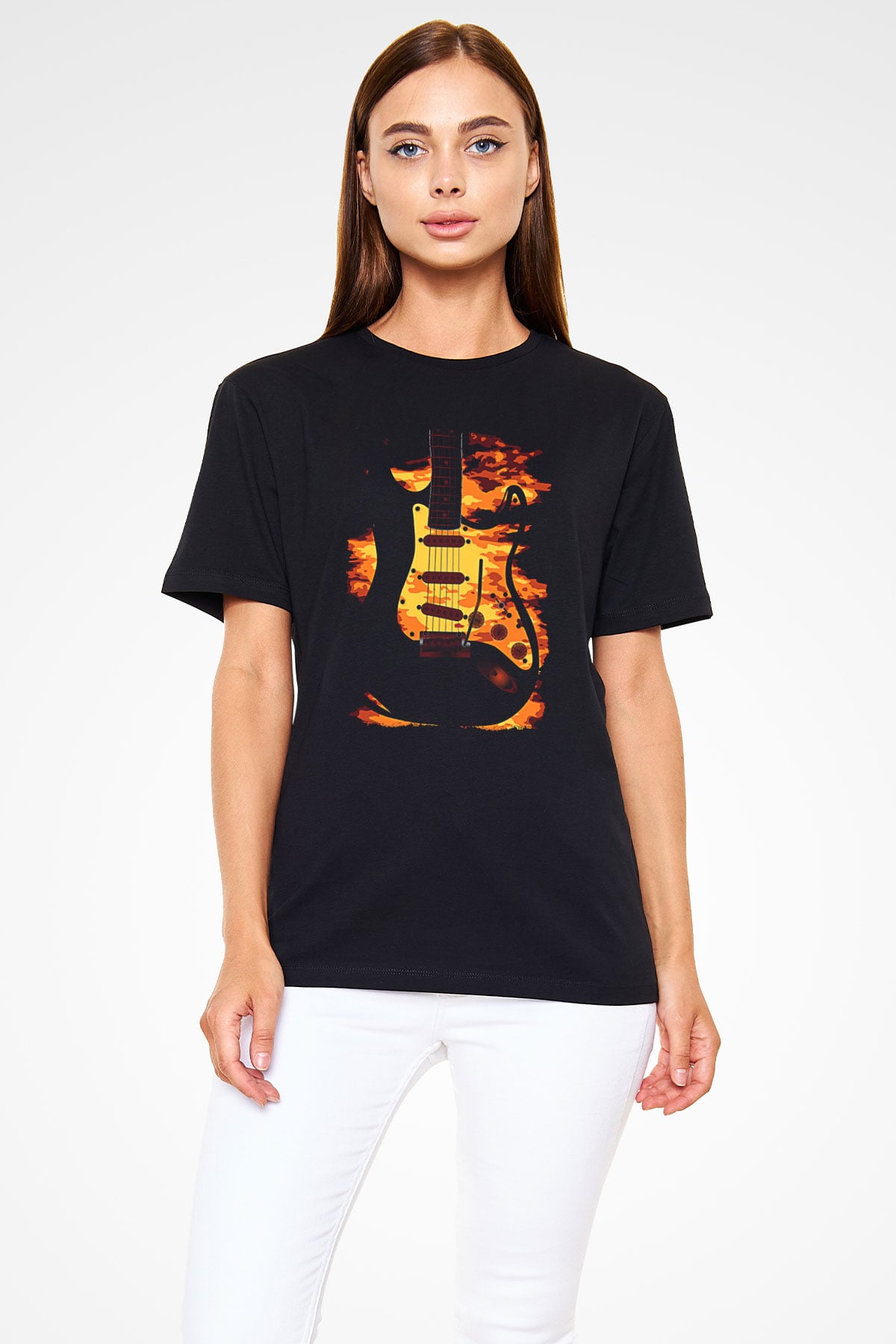 Elektro Gitar Baskılı Unisex Siyah Tişört - Tshirt