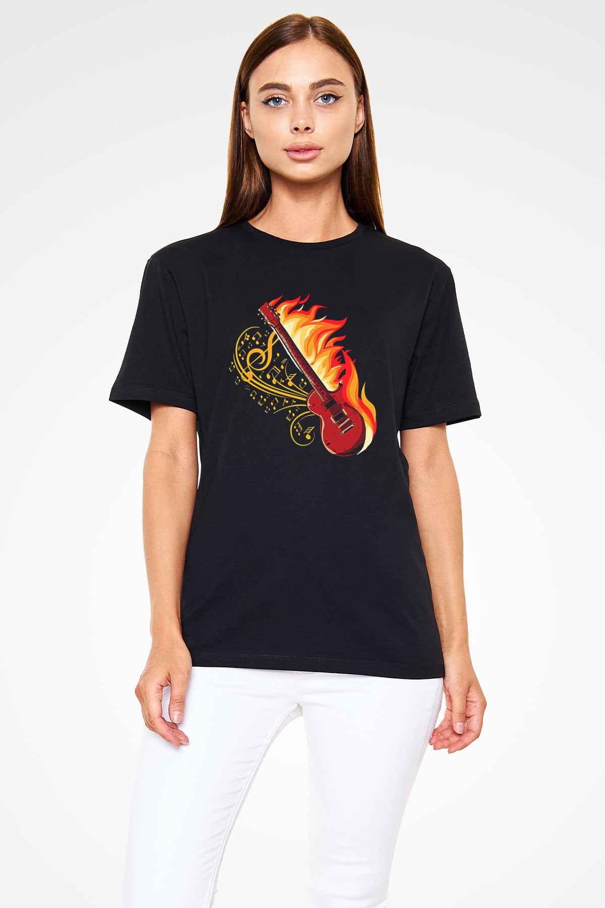 Elektro Gitar Baskılı Unisex Siyah Tişört - Tshirt
