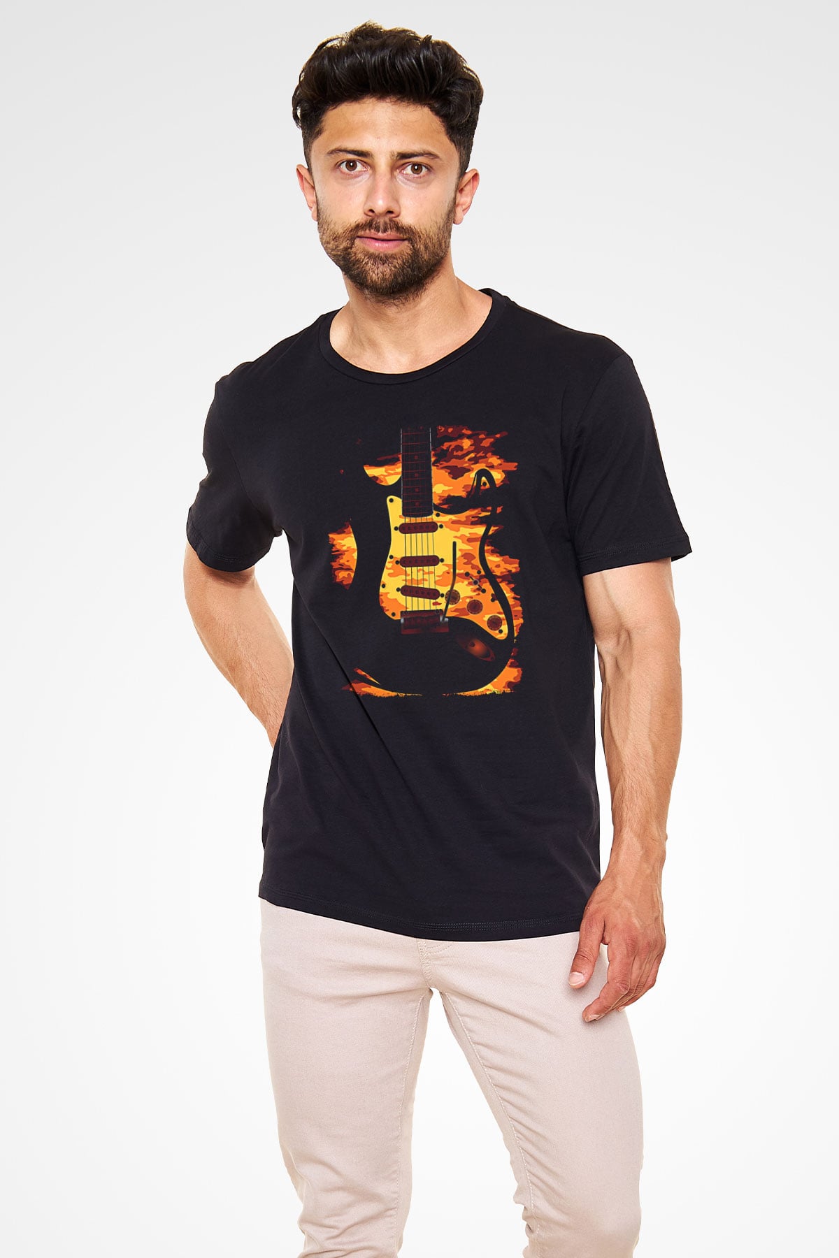 Elektro Gitar Baskılı Unisex Siyah Tişört - Tshirt