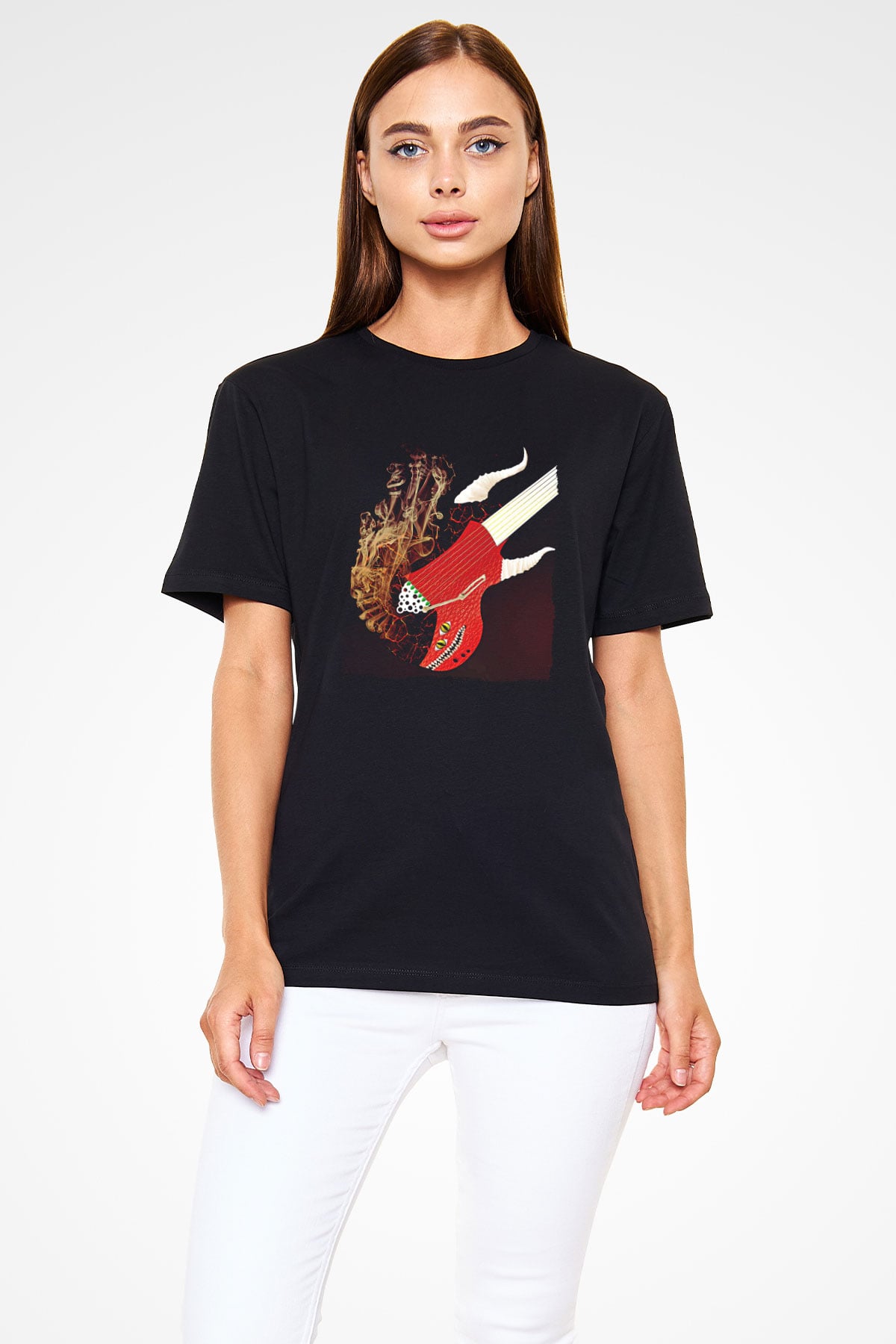 Elektro Gitar Baskılı Unisex Siyah Tişört - Tshirt