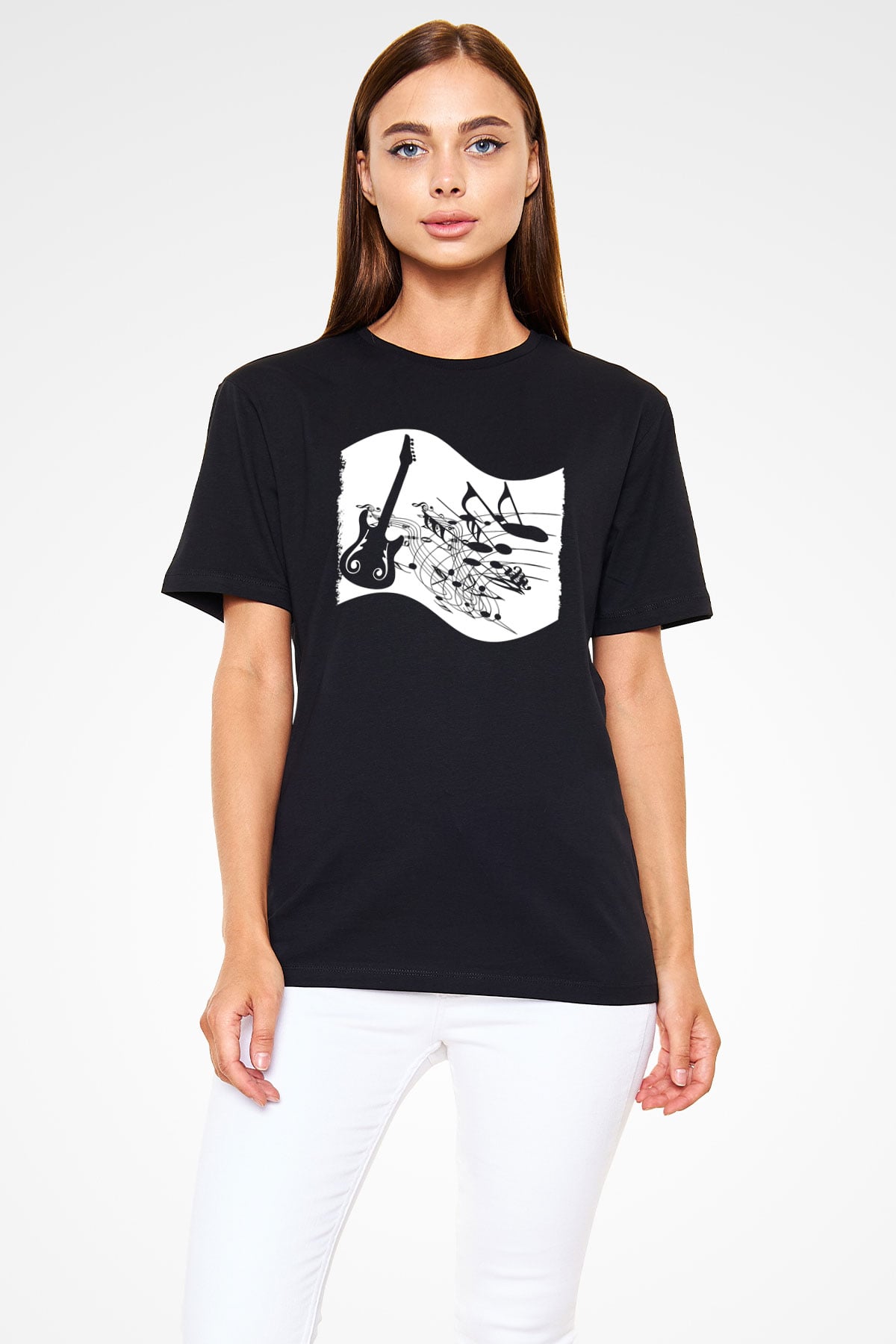 Elektro Gitar Baskılı Unisex Siyah Tişört - Tshirt