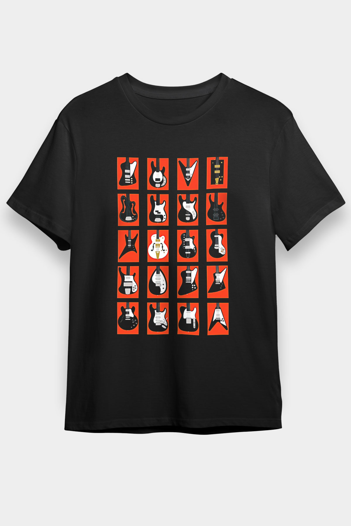 Elektro Gitar Baskılı Unisex Siyah Tişört - Tshirt