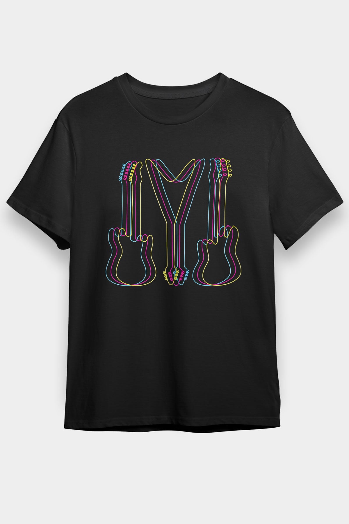 Elektro Gitar Baskılı Unisex Siyah Tişört - Tshirt