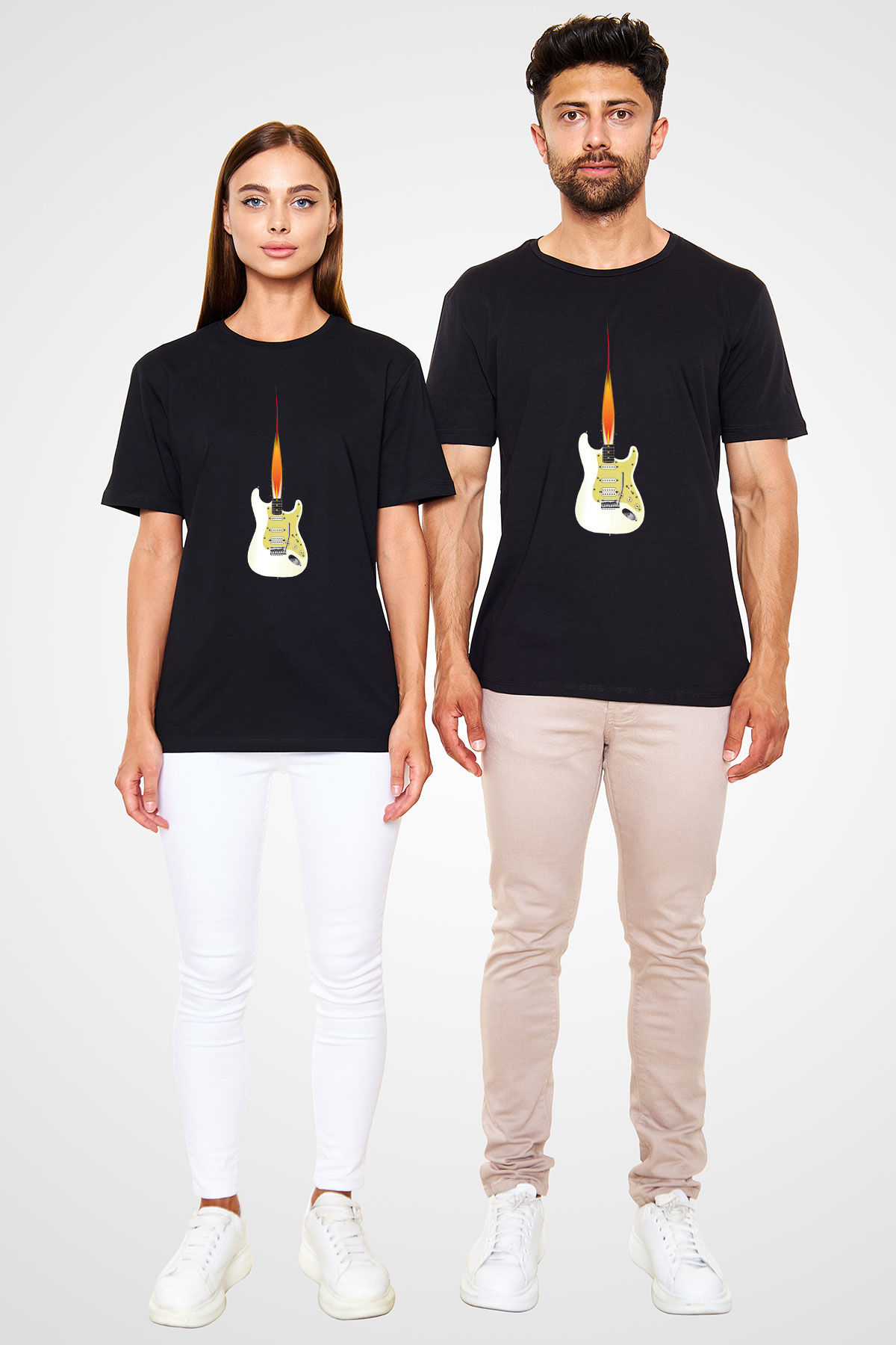 Elektro Gitar Baskılı Unisex Siyah Tişört - Tshirt