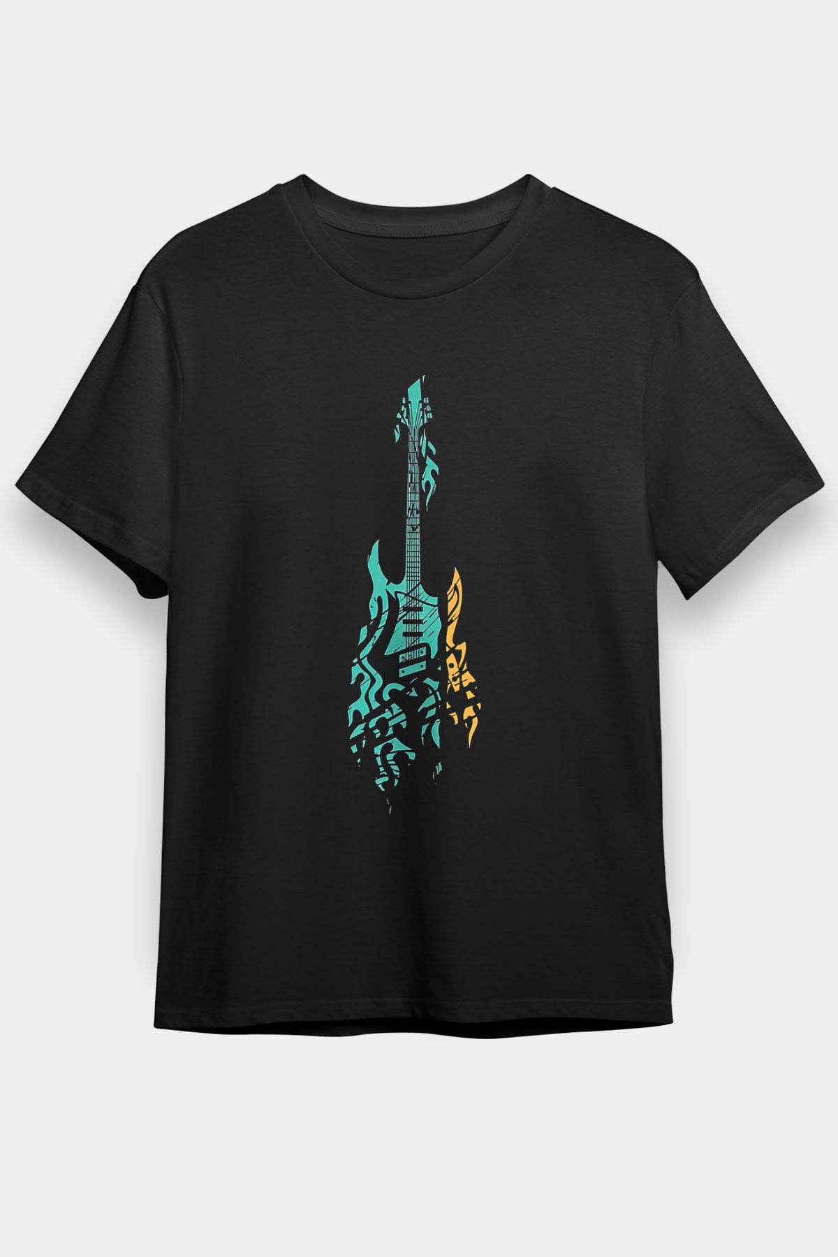 Elektro Gitar Baskılı Unisex Siyah Tişört - Tshirt