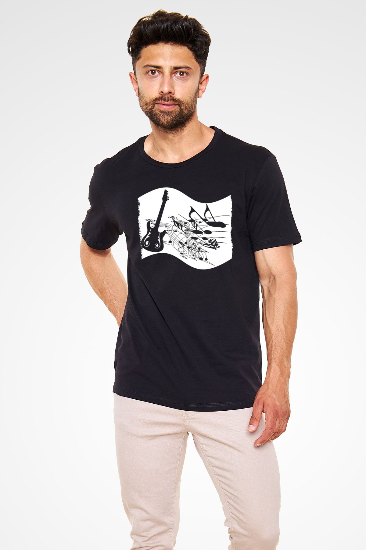 Elektro Gitar Baskılı Unisex Siyah Tişört - Tshirt