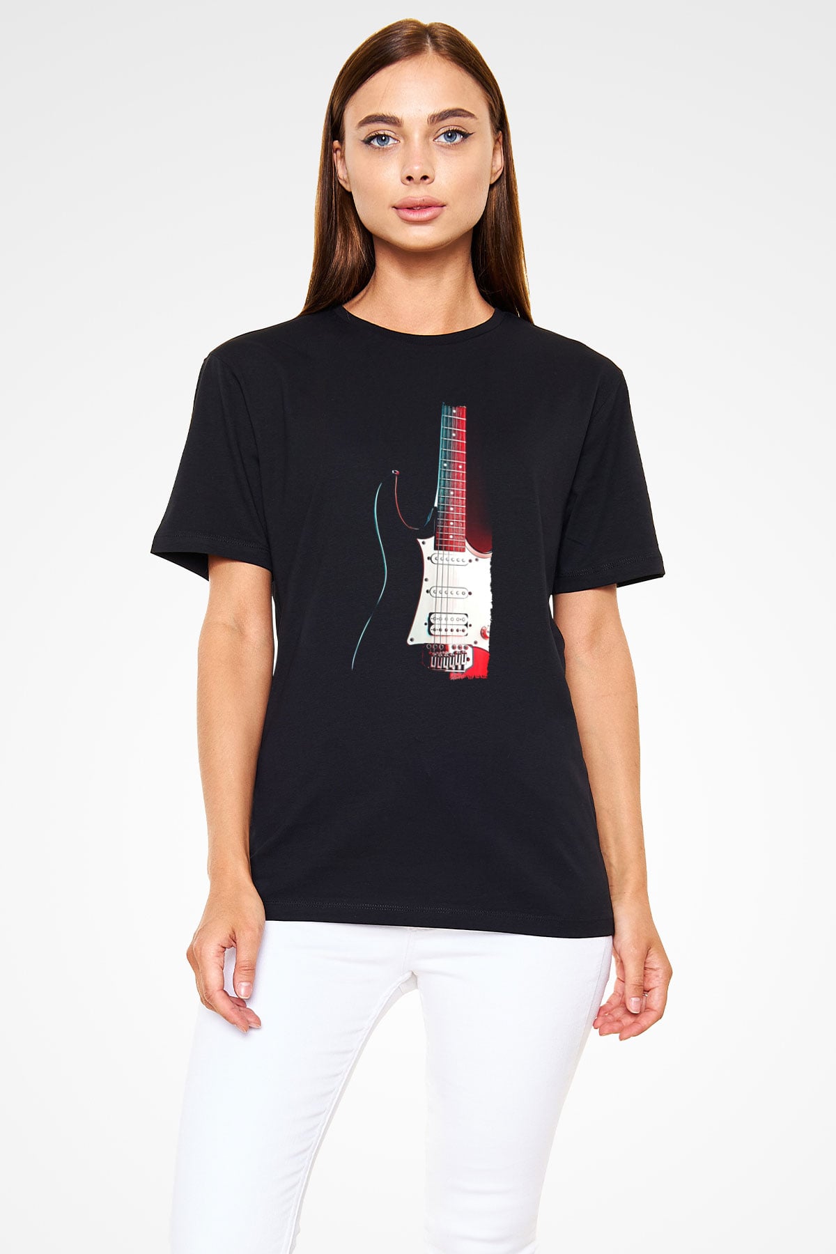 Elektro Gitar Baskılı Unisex Siyah Tişört - Tshirt