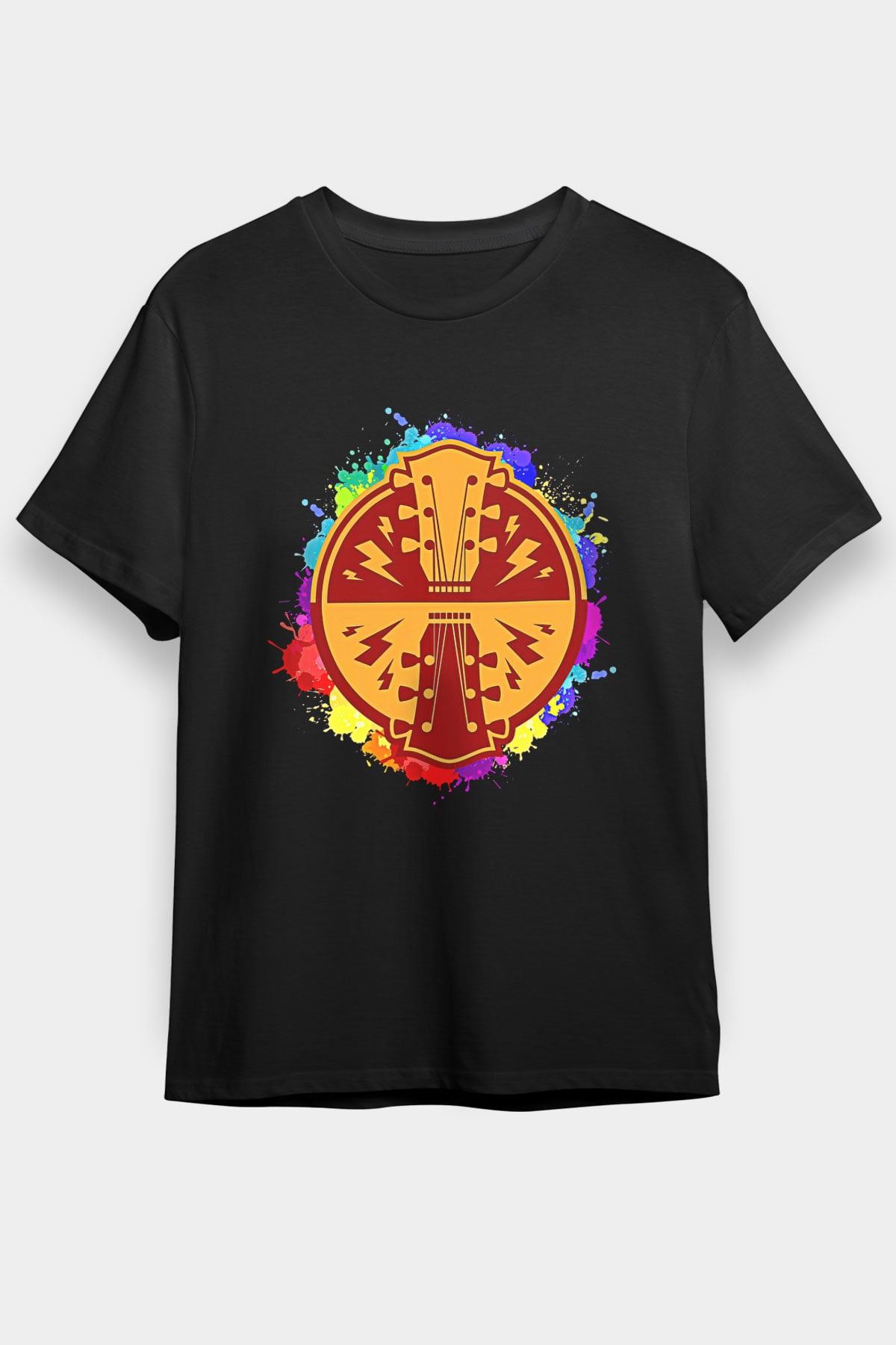 Elektro Gitar Baskılı Unisex Siyah Tişört - Tshirt