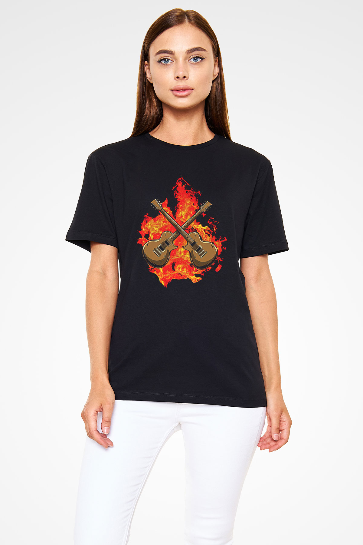 Elektro Gitar Baskılı Unisex Siyah Tişört - Tshirt