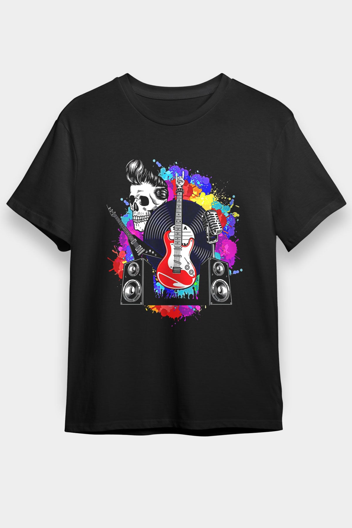 Elektro Gitar Baskılı Unisex Siyah Tişört - Tshirt