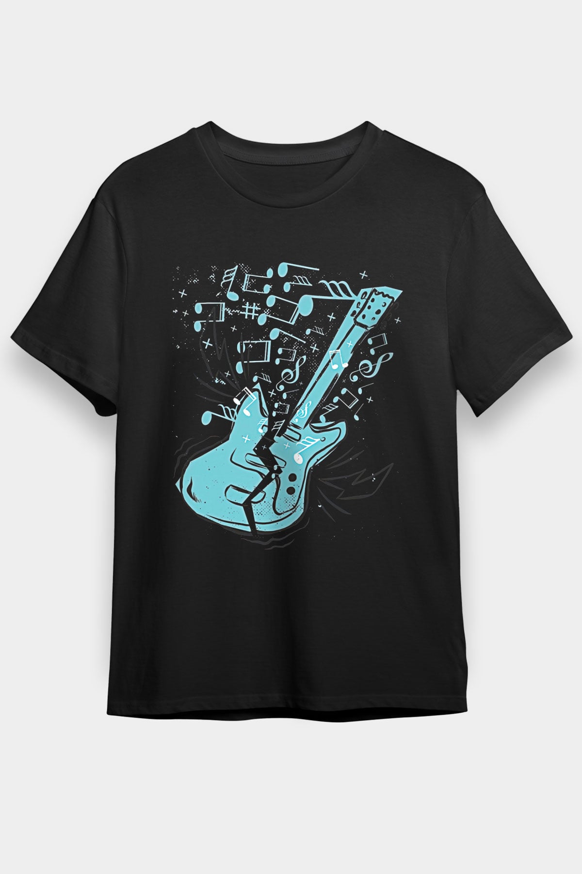 Elektro Gitar Baskılı Unisex Siyah Tişört - Tshirt