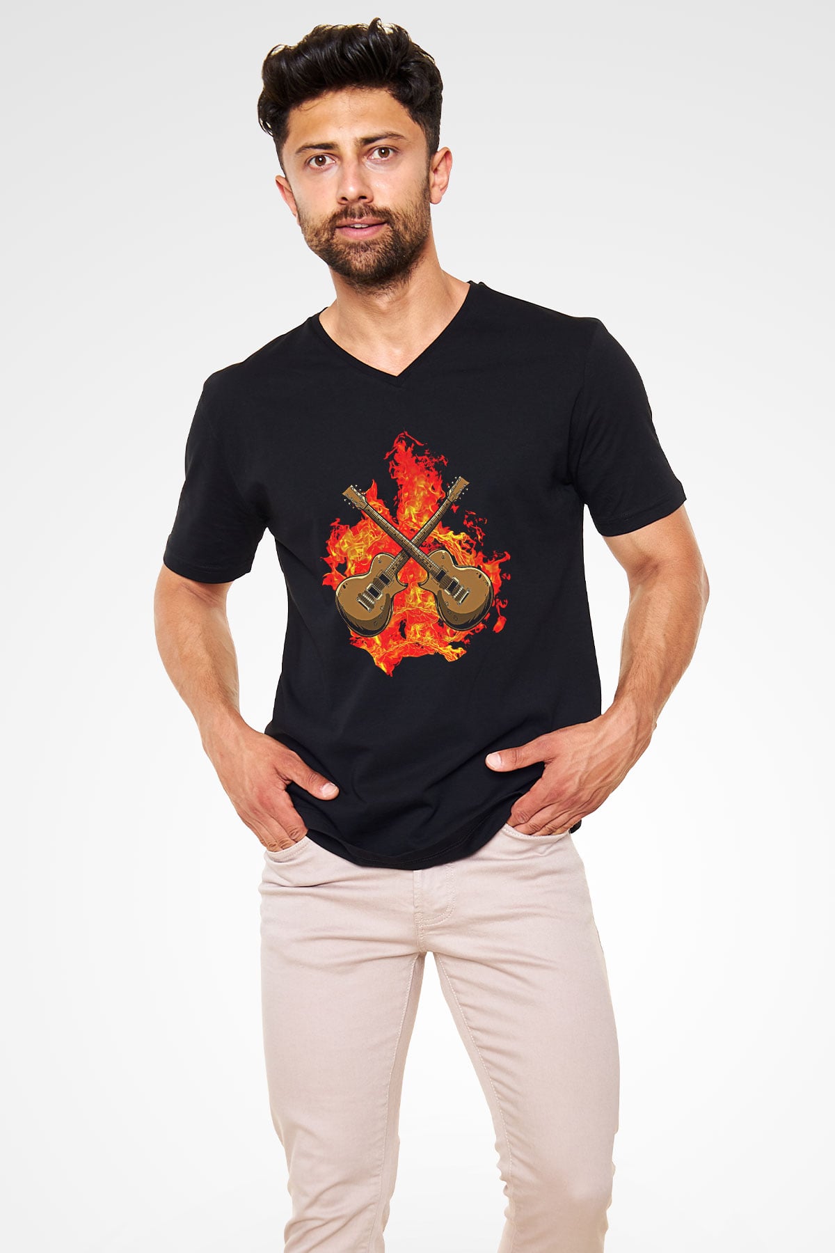 Elektro Gitar Baskılı Unisex Siyah V Yaka Tişört - Tshirt