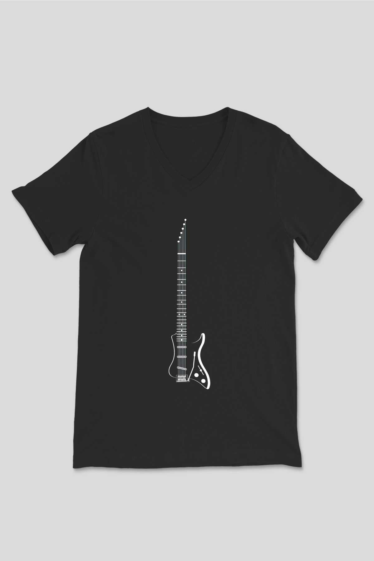 Elektro Gitar Baskılı Unisex Siyah V Yaka Tişört - Tshirt
