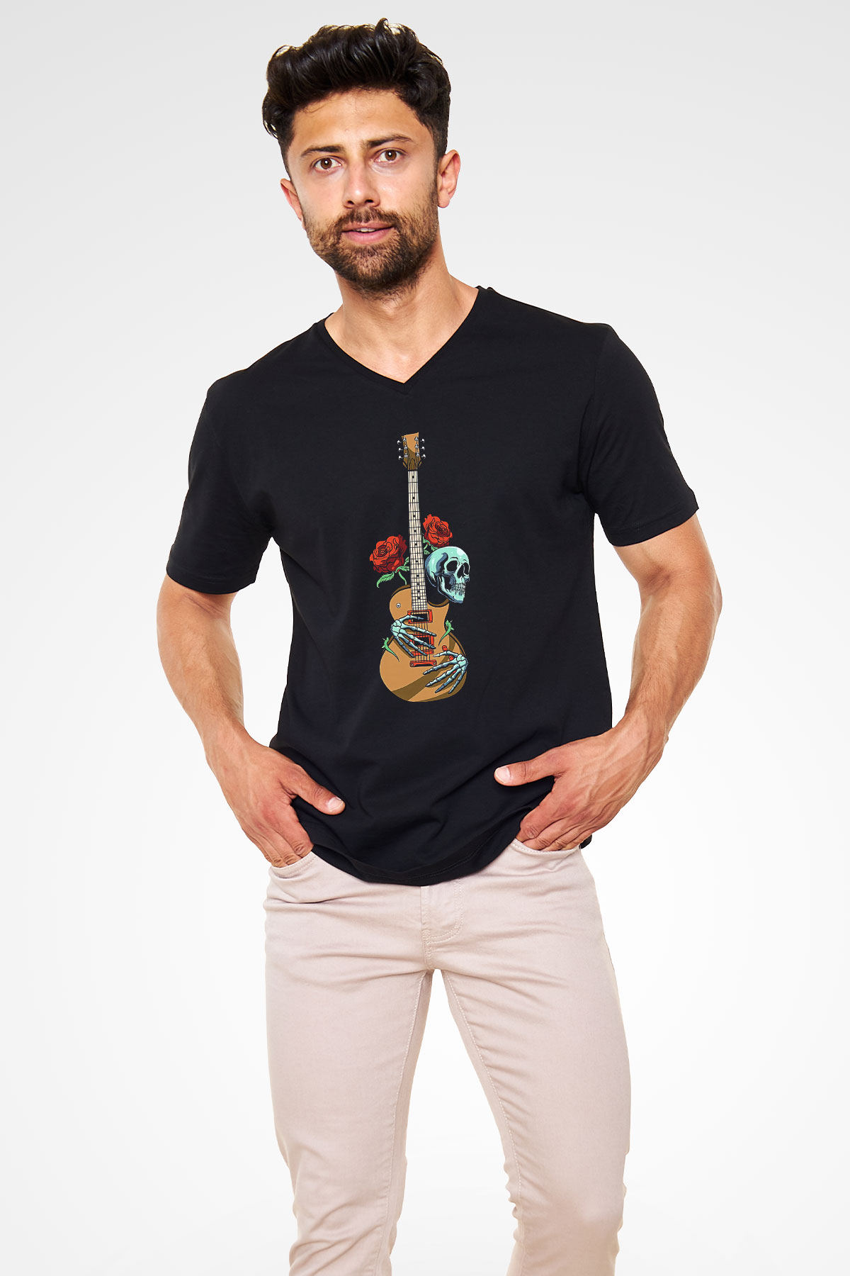 Elektro Gitar Baskılı Unisex Siyah V Yaka Tişört - Tshirt