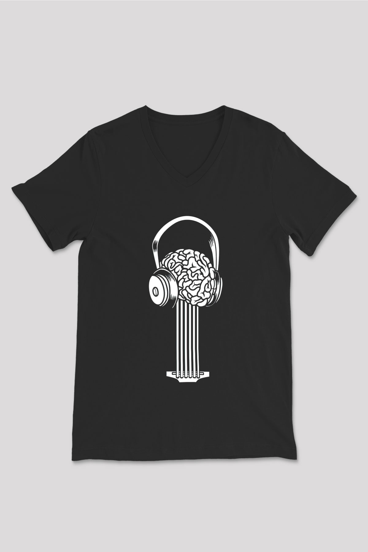 Elektro Gitar Baskılı Unisex Siyah V Yaka Tişört - Tshirt