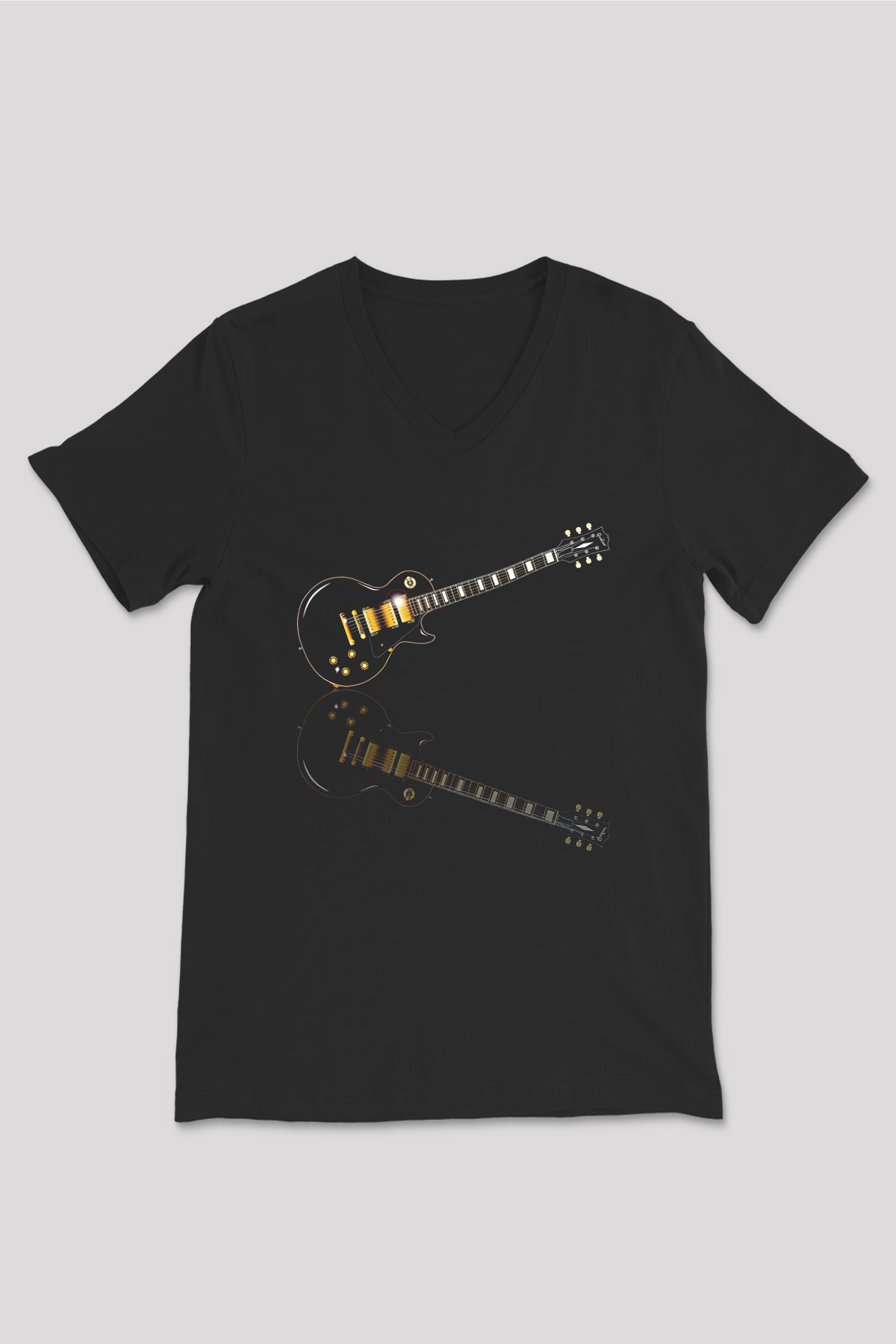 Elektro Gitar Baskılı Unisex Siyah V Yaka Tişört - Tshirt
