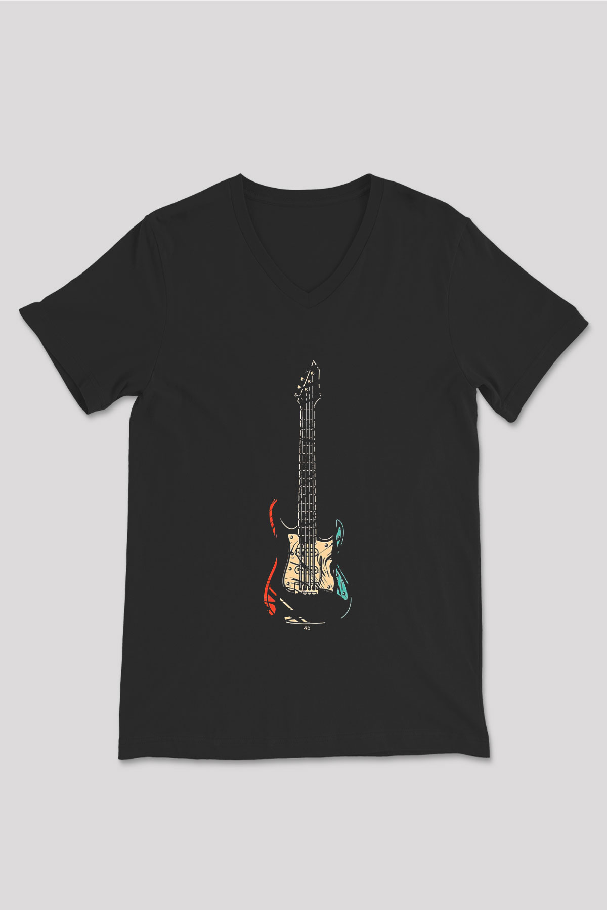 Elektro Gitar Baskılı Unisex Siyah V Yaka Tişört - Tshirt