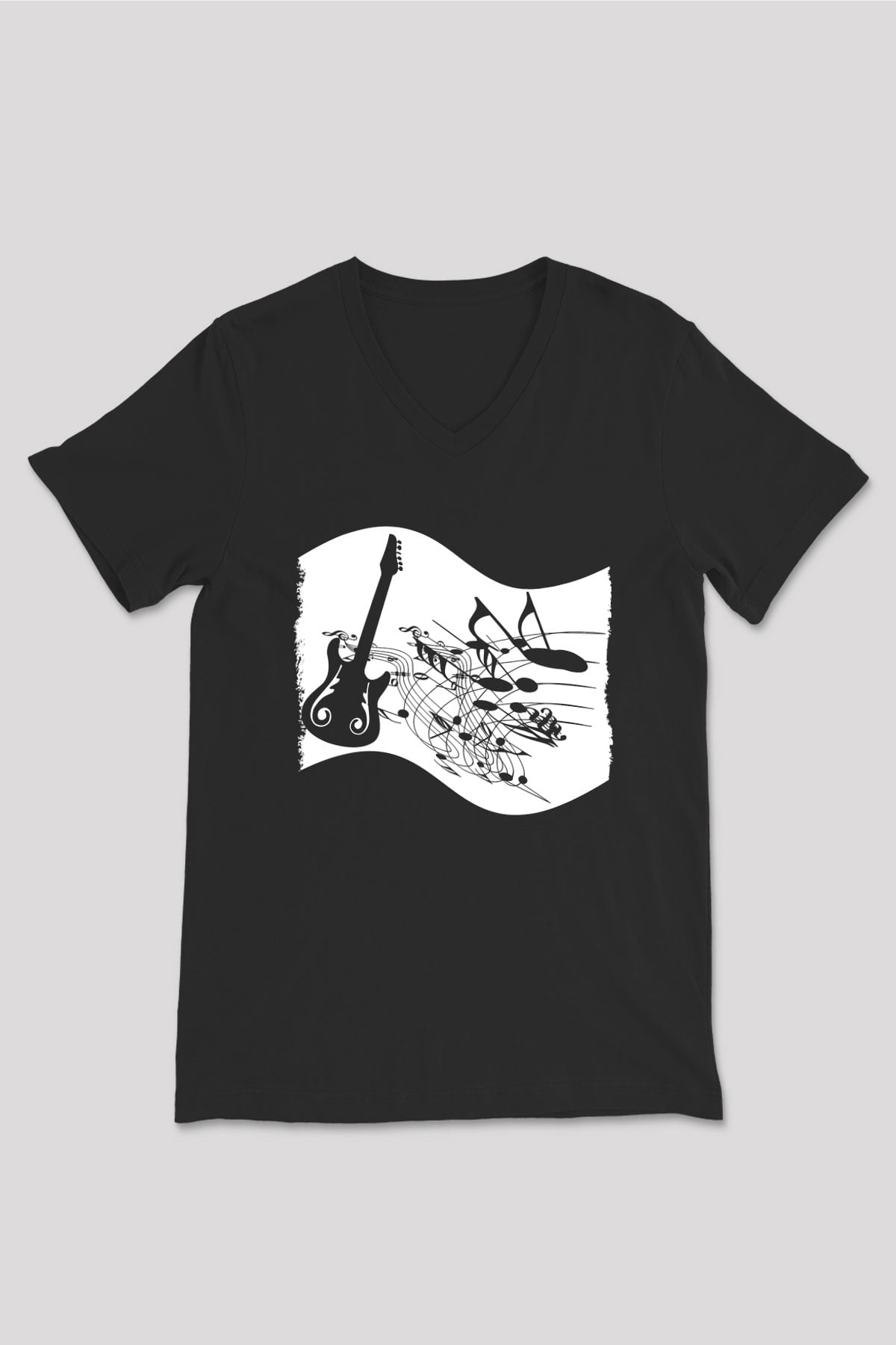 Elektro Gitar Baskılı Unisex Siyah V Yaka Tişört - Tshirt