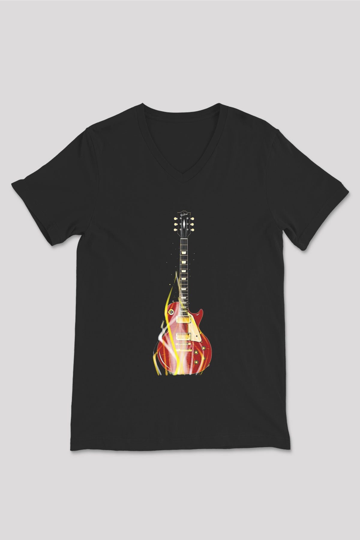 Elektro Gitar Baskılı Unisex Siyah V Yaka Tişört - Tshirt