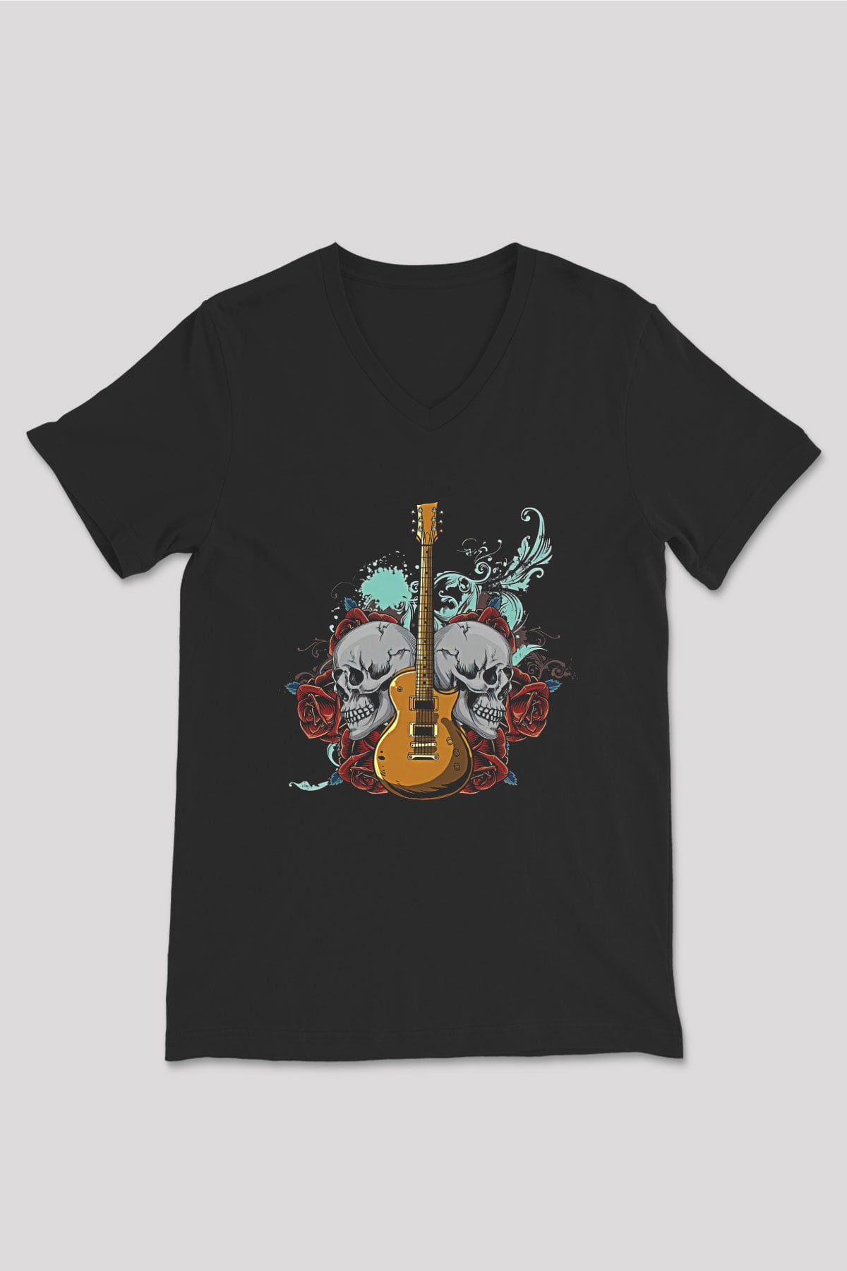Elektro Gitar Baskılı Unisex Siyah V Yaka Tişört - Tshirt