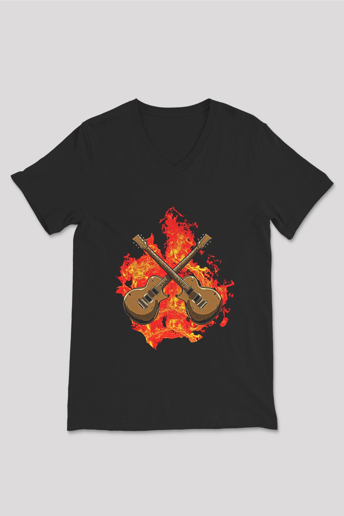 Elektro Gitar Baskılı Unisex Siyah V Yaka Tişört - Tshirt
