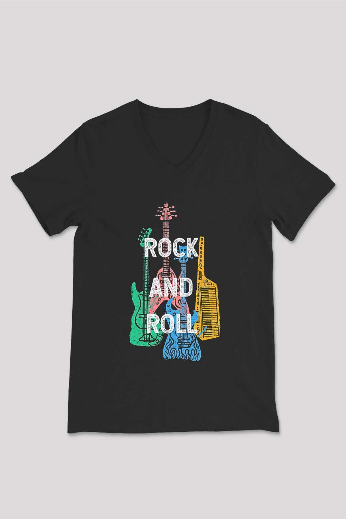 Elektro Gitar Baskılı Unisex Siyah V Yaka Tişört - Tshirt