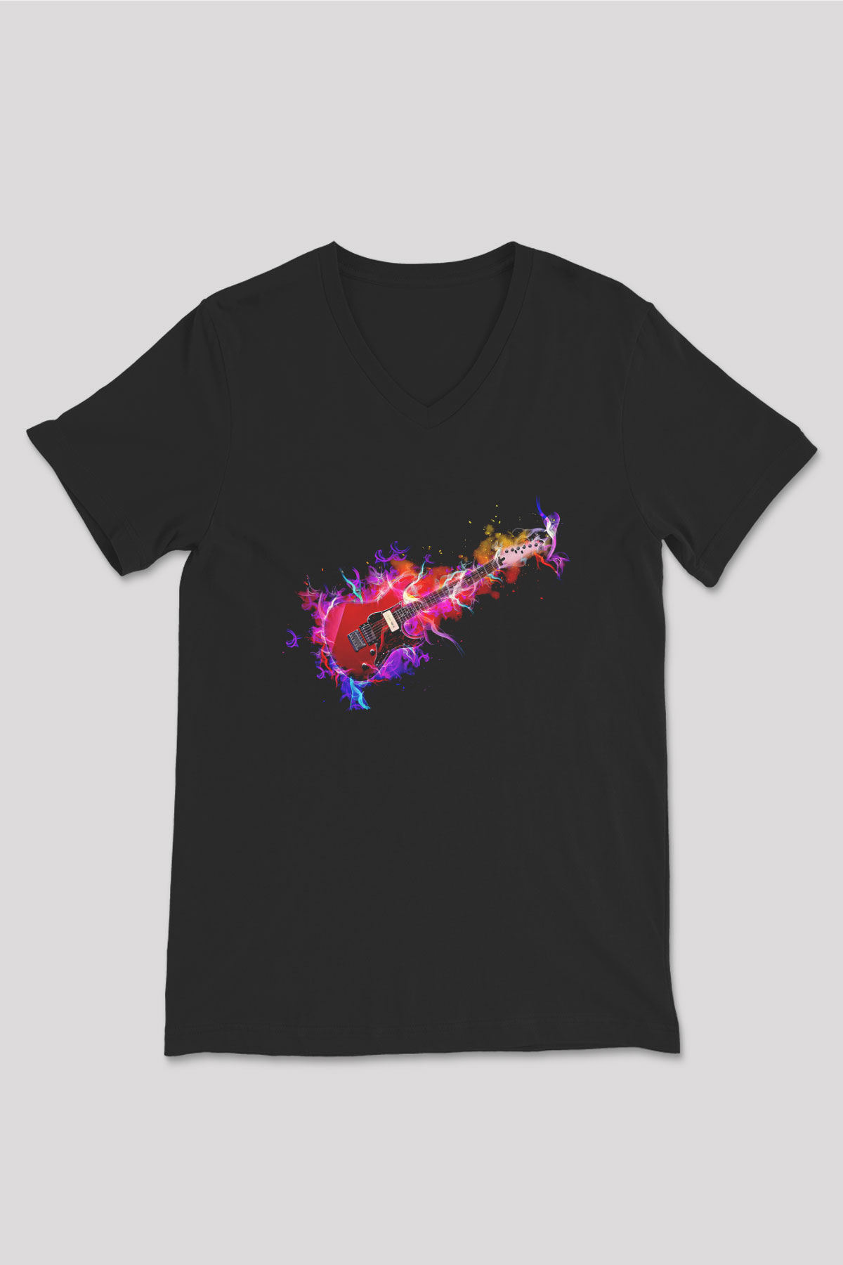 Elektro Gitar Baskılı Unisex Siyah V Yaka Tişört - Tshirt