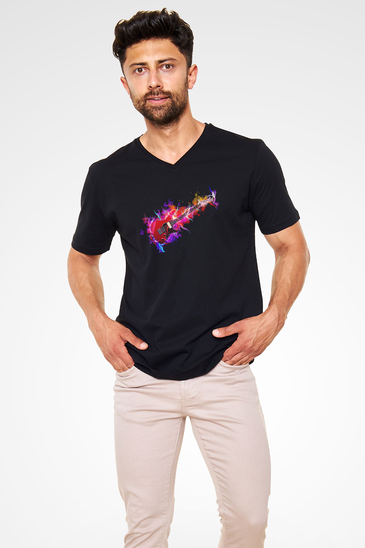 Elektro Gitar Baskılı Unisex Siyah V Yaka Tişört - Tshirt