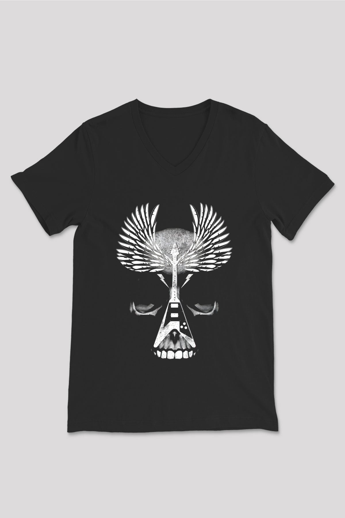 Elektro Gitar Baskılı Unisex Siyah V Yaka Tişört - Tshirt