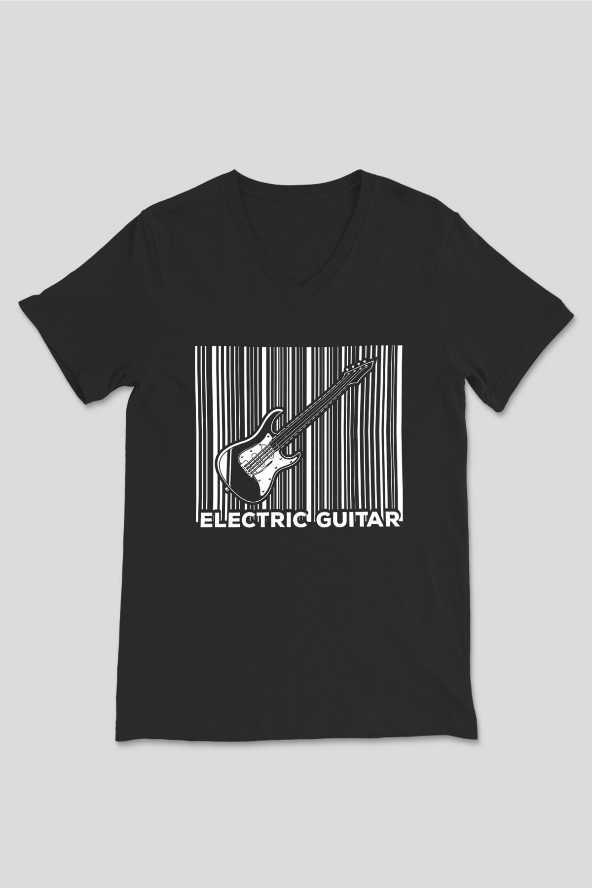 Elektro Gitar Baskılı Unisex Siyah V Yaka Tişört - Tshirt