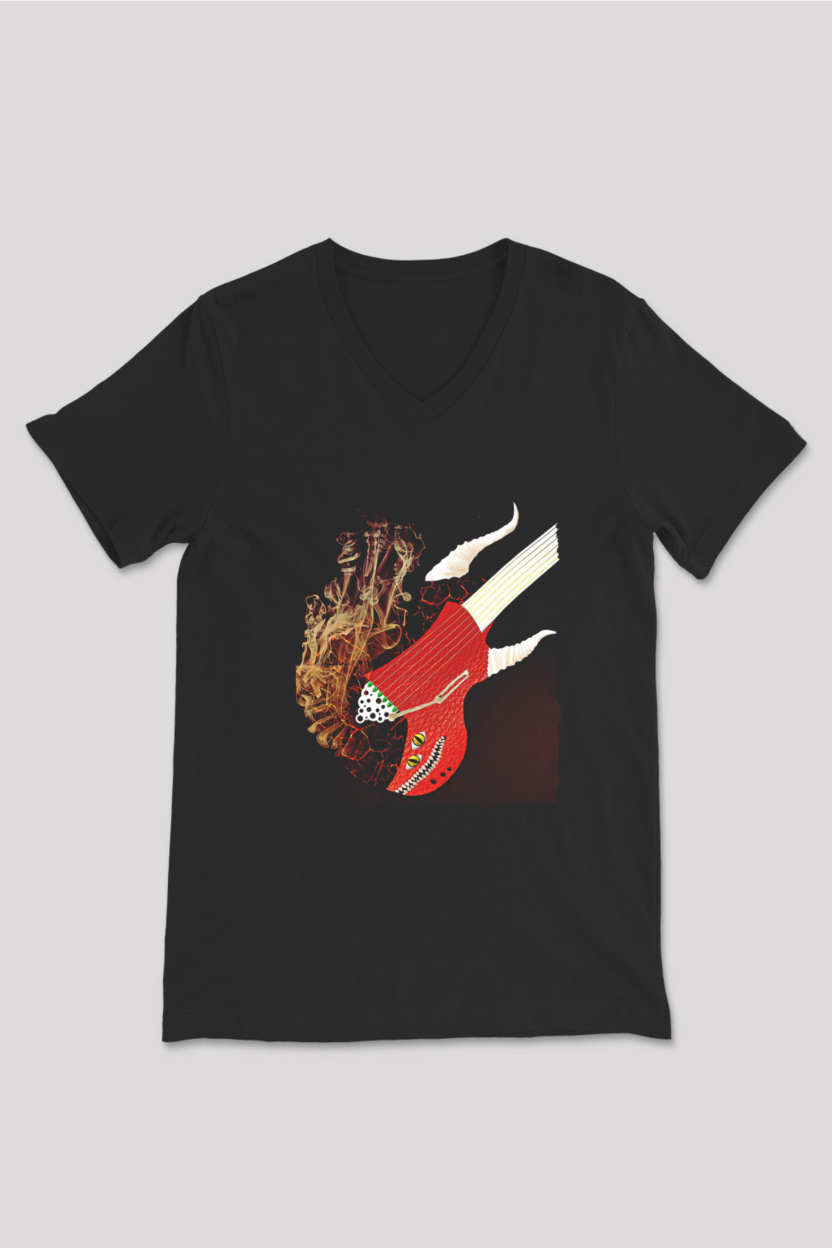 Elektro Gitar Baskılı Unisex Siyah V Yaka Tişört - Tshirt